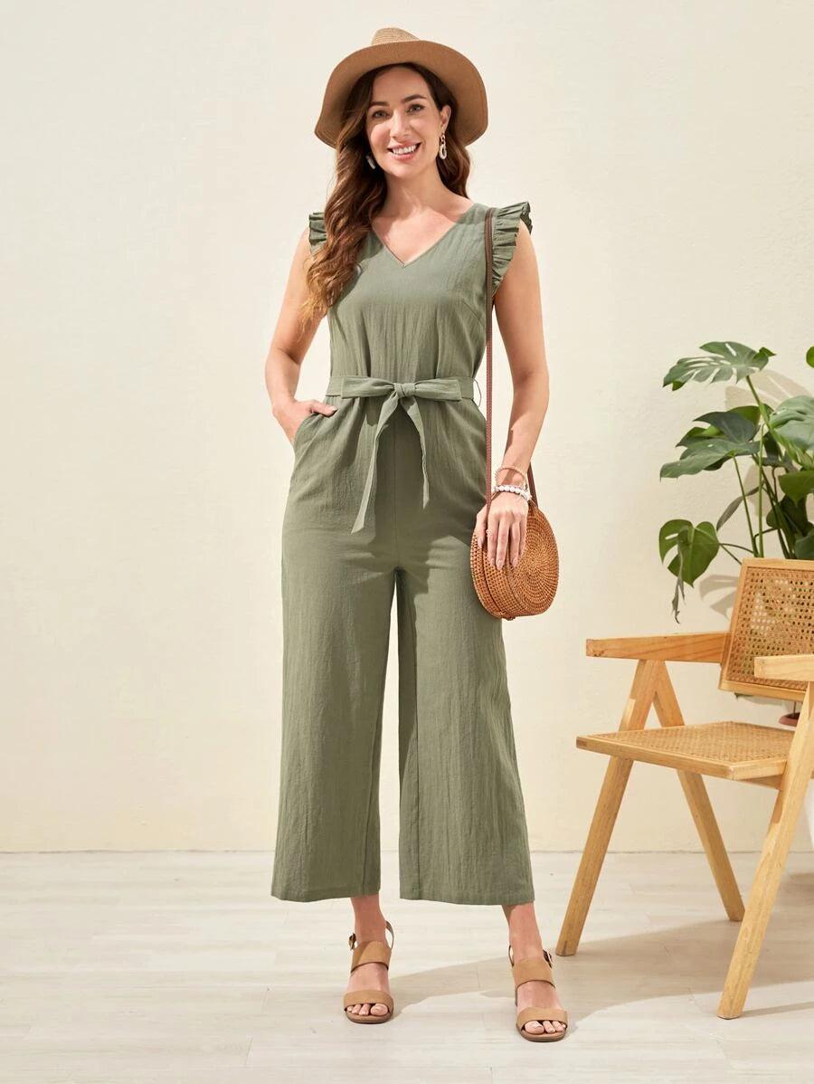 Solid Colored Belted Wide Leg Jumpsuit-Comfy Jumpsuits