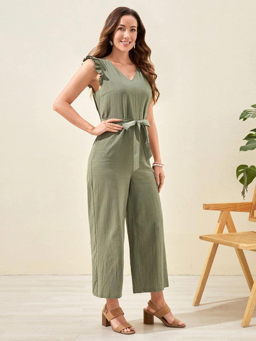 Solid Colored Belted Wide Leg Jumpsuit-Comfy Jumpsuits