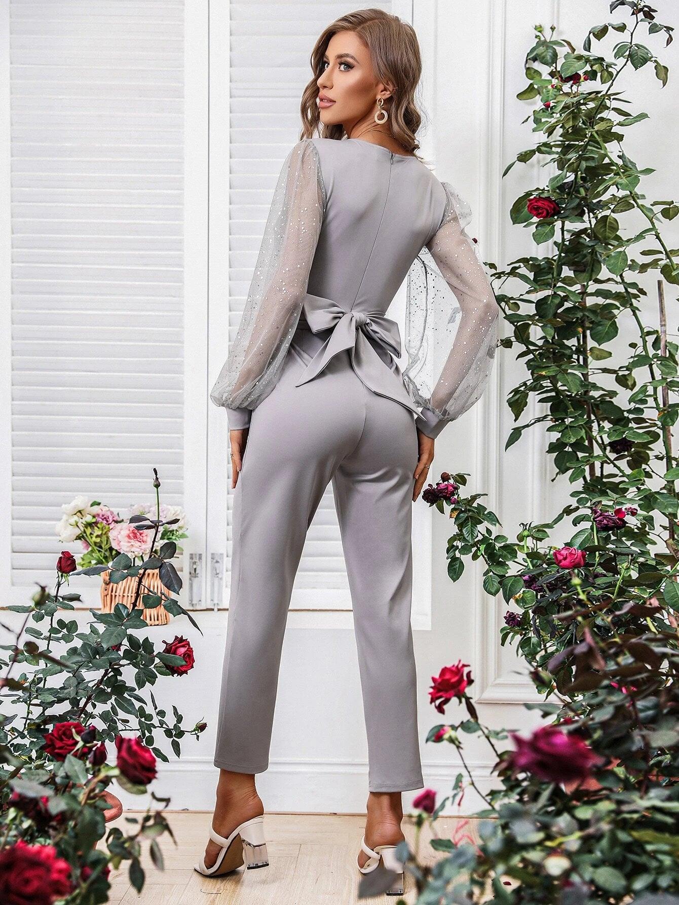 Mesh Lantern Sleeve Jumpsuit-Comfy Jumpsuits