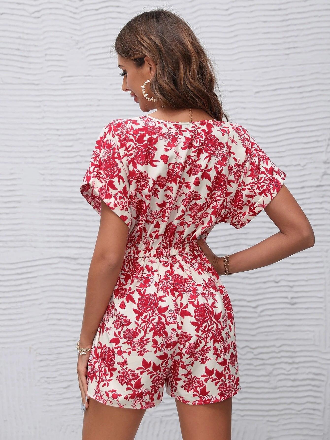 Floral Print Batwing Sleeve Romper-Comfy Jumpsuits