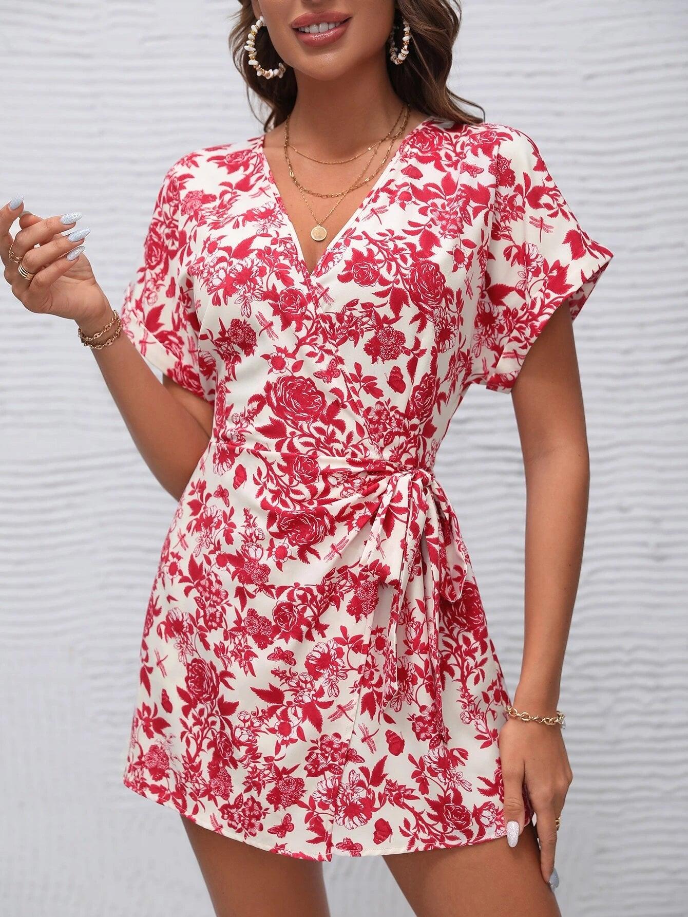 Floral Print Batwing Sleeve Romper-Comfy Jumpsuits