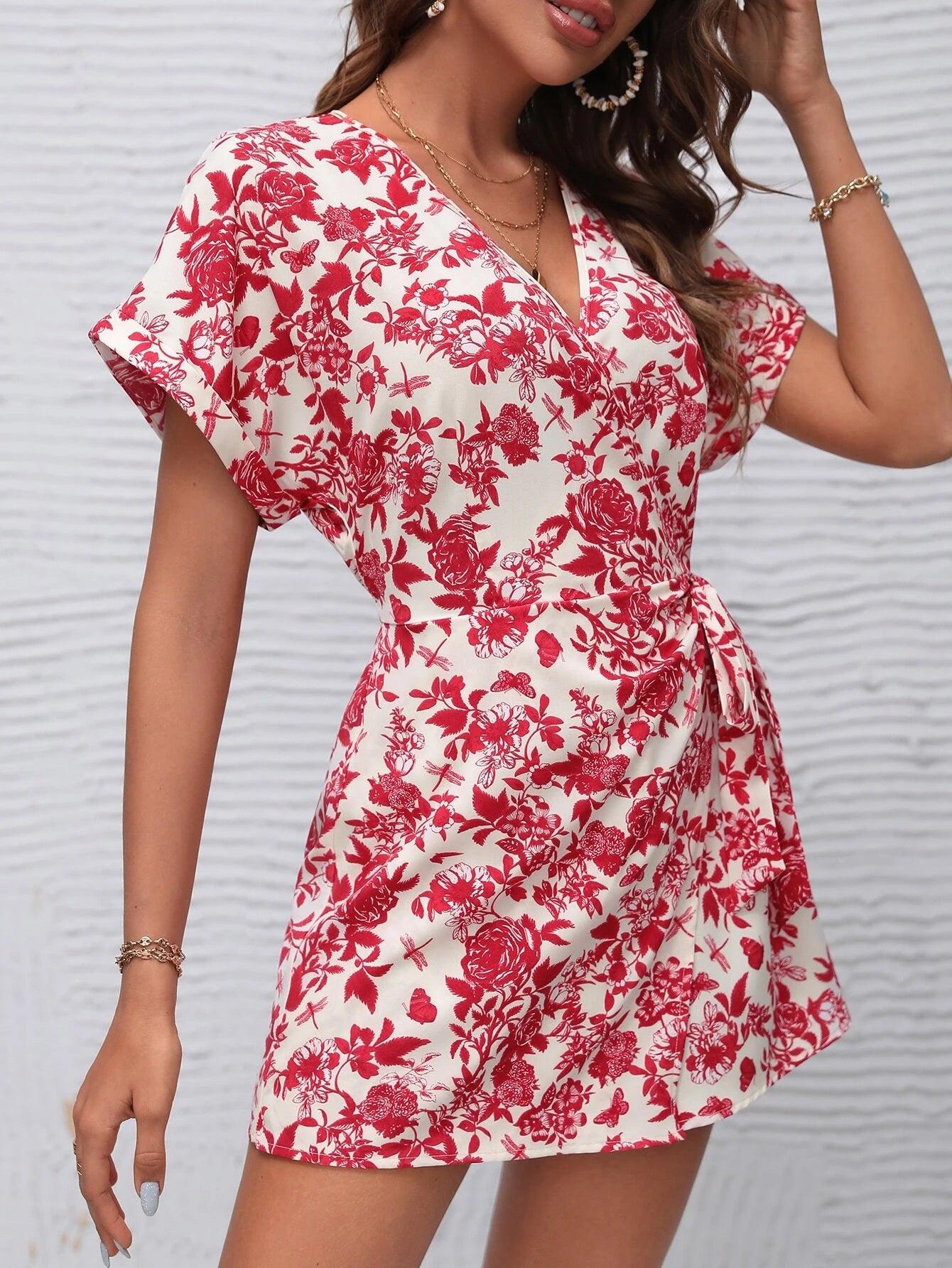 Floral Print Batwing Sleeve Romper-Comfy Jumpsuits