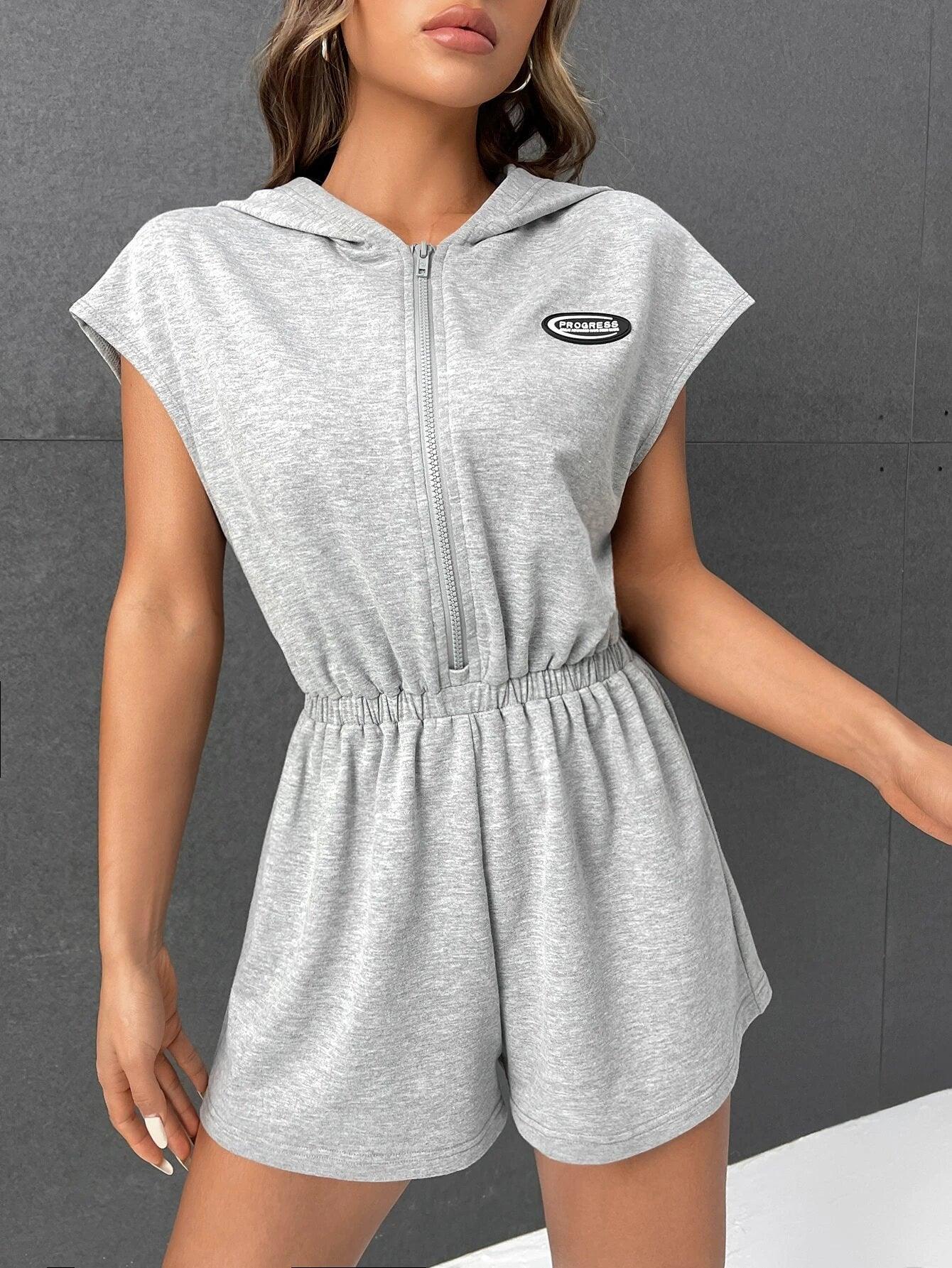 Patched Detail Batwing Sleeve Hooded Romper-Comfy Jumpsuits