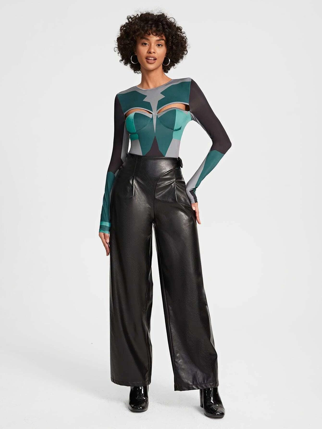 Round Neck Cut Out Front Bodysuit-Comfy Jumpsuits