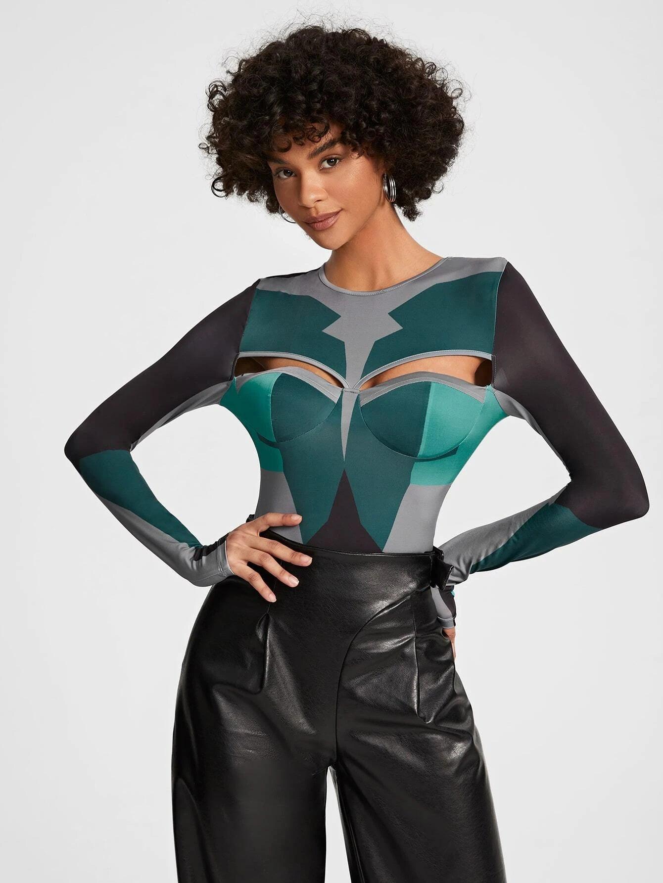 Round Neck Cut Out Front Bodysuit-Comfy Jumpsuits