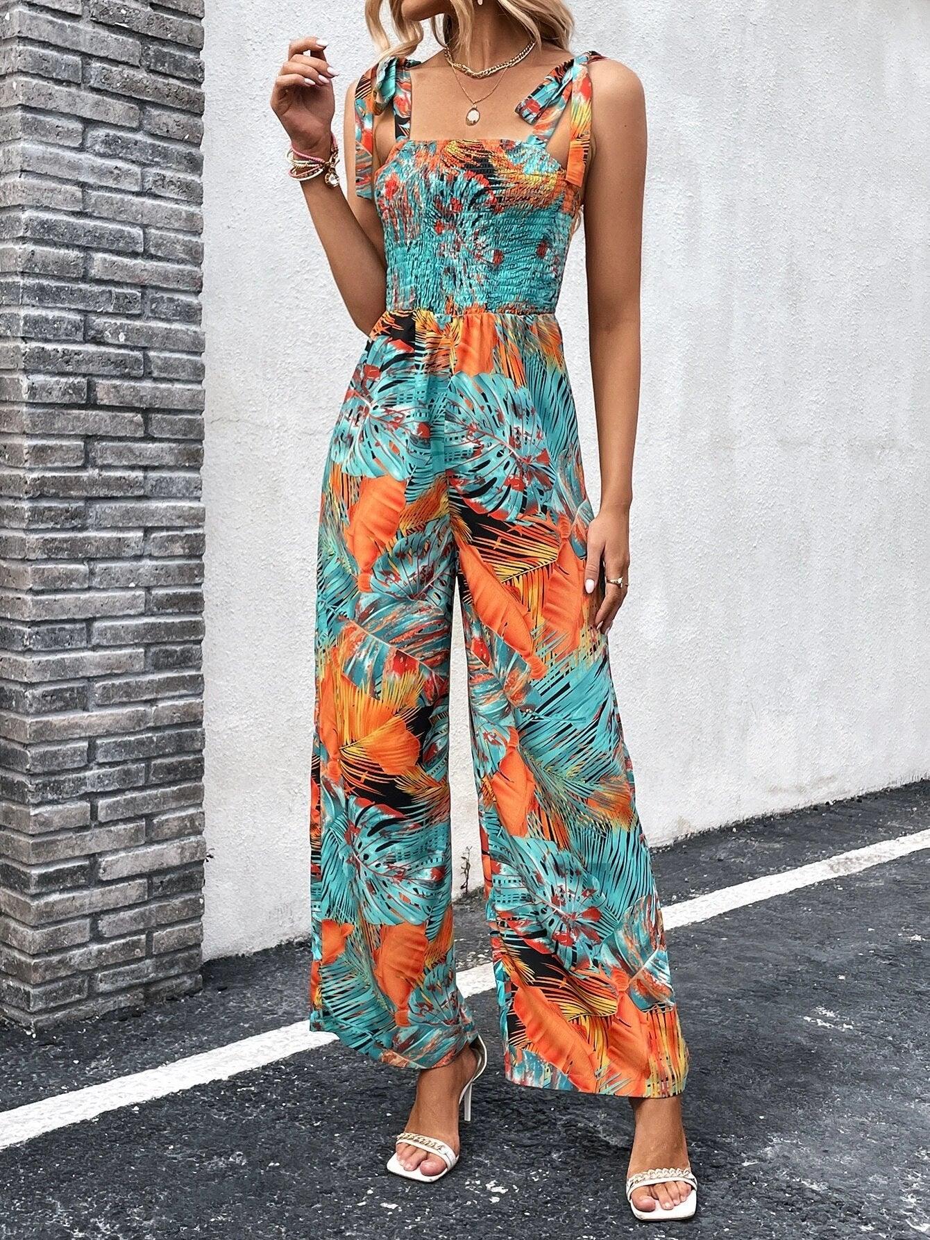 Tropical Print Tie Shoulder Shirred Wide Leg Jumpsuit Without Belt-Comfy Jumpsuits