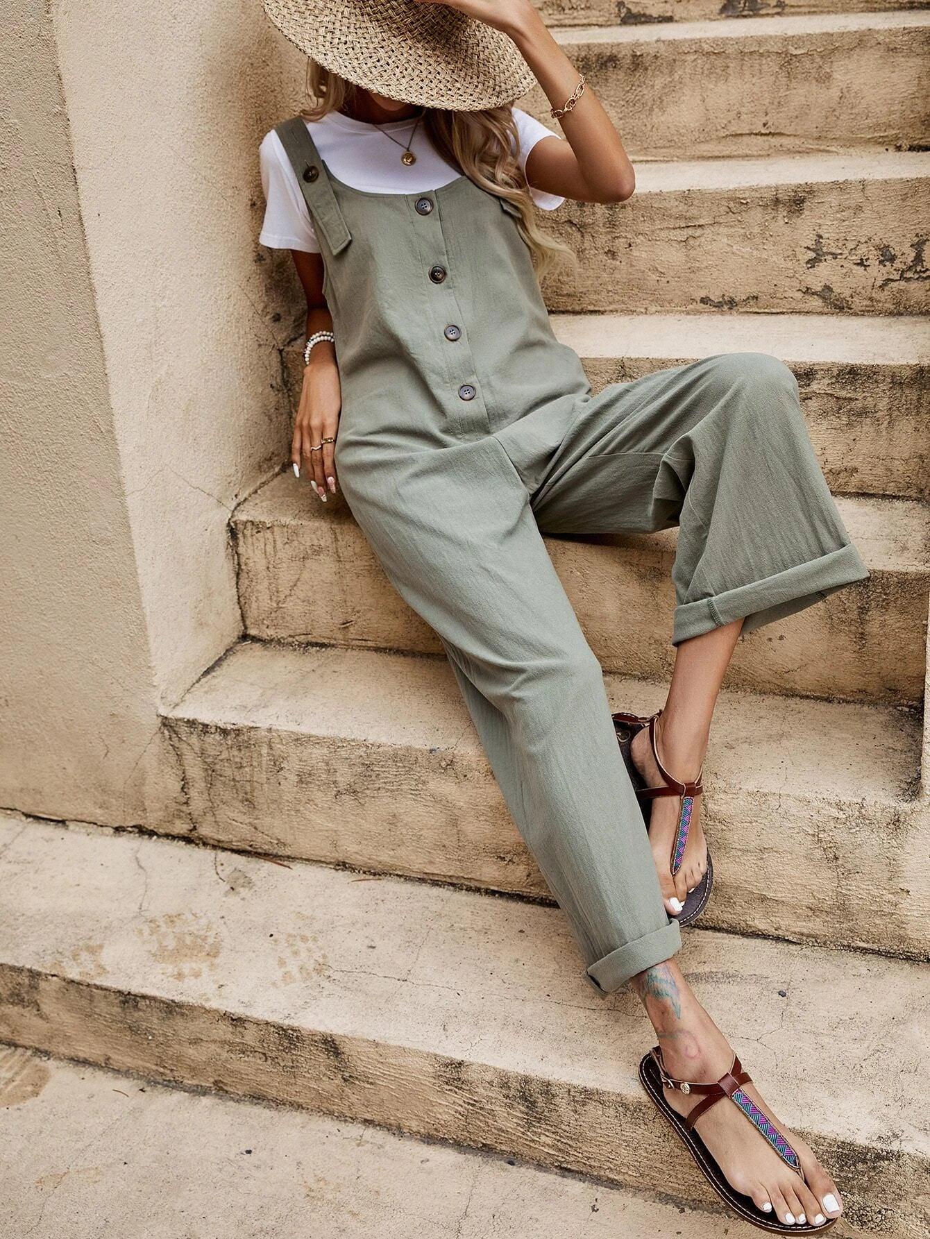 Button Front Wide Leg Jumpsuit Without Tee-Comfy Jumpsuits