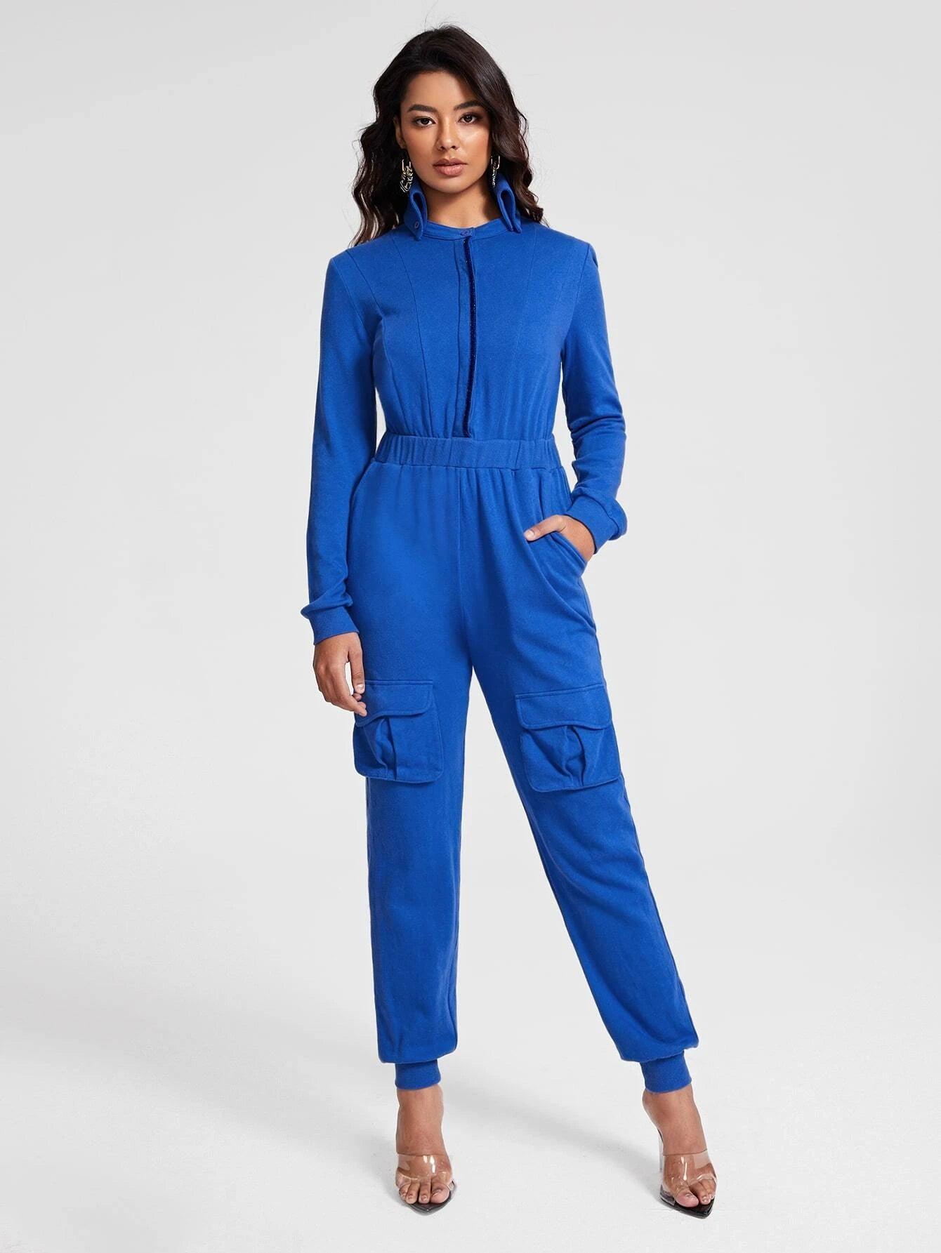 Mock Neck Flap Pocket Jumpsuit-Comfy Jumpsuits