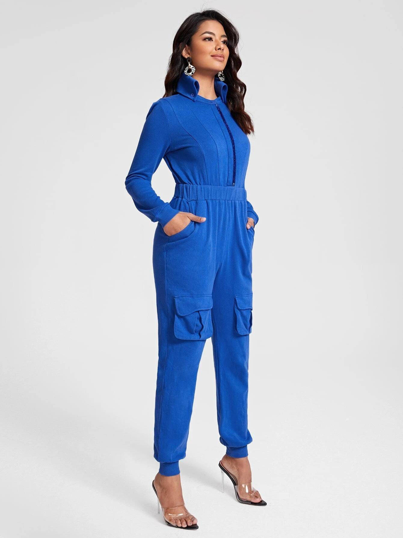 Mock Neck Flap Pocket Jumpsuit-Comfy Jumpsuits
