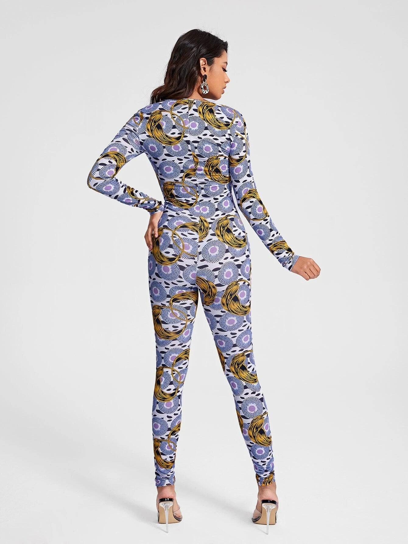 Graphic Print Unitard Jumpsuit-Comfy Jumpsuits
