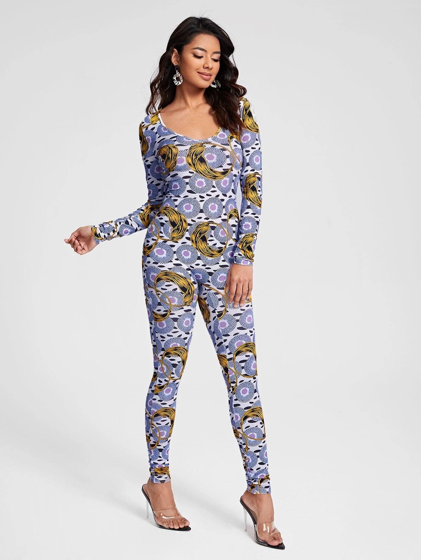 Graphic Print Unitard Jumpsuit-Comfy Jumpsuits