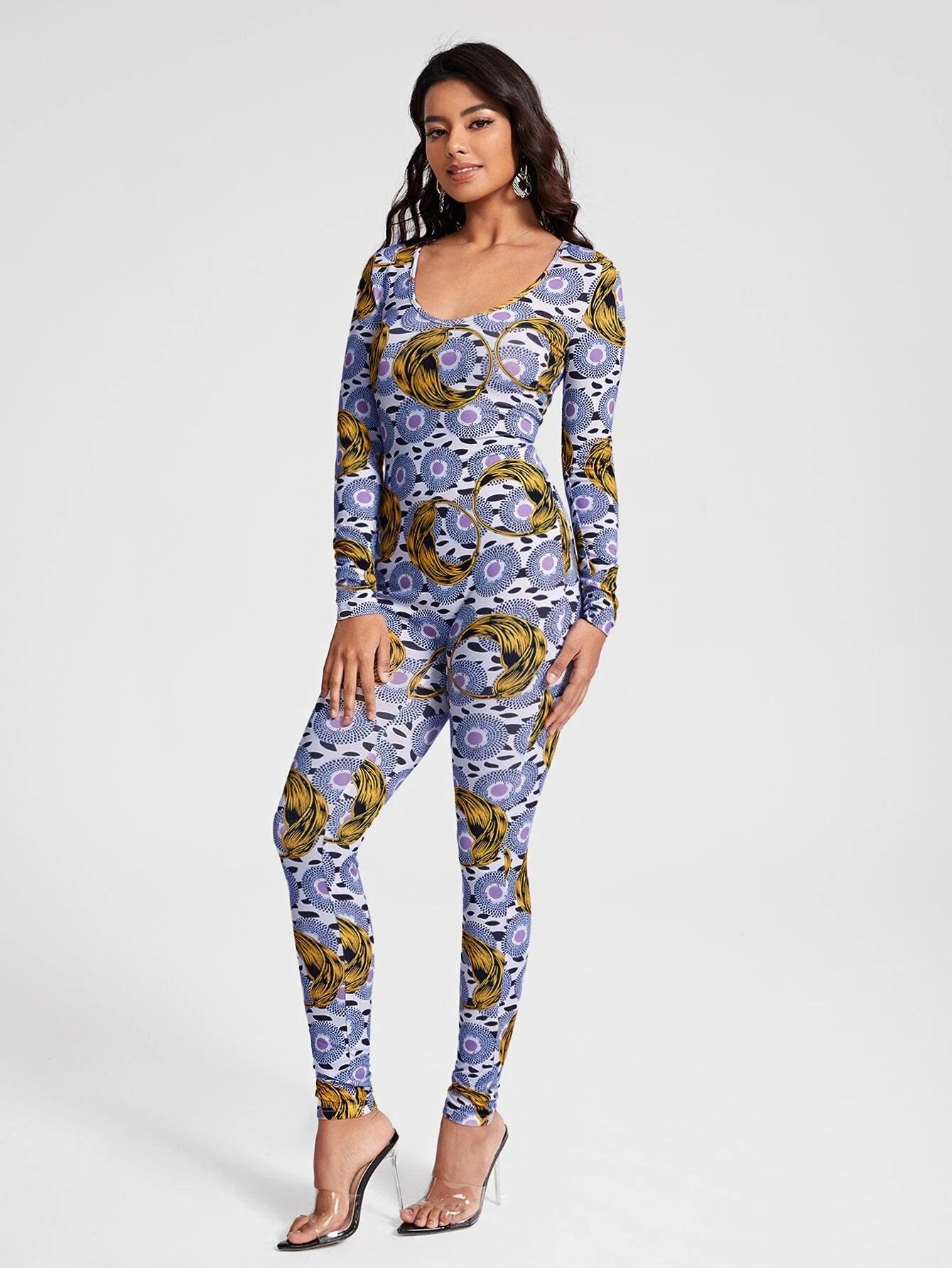 Graphic Print Unitard Jumpsuit-Comfy Jumpsuits