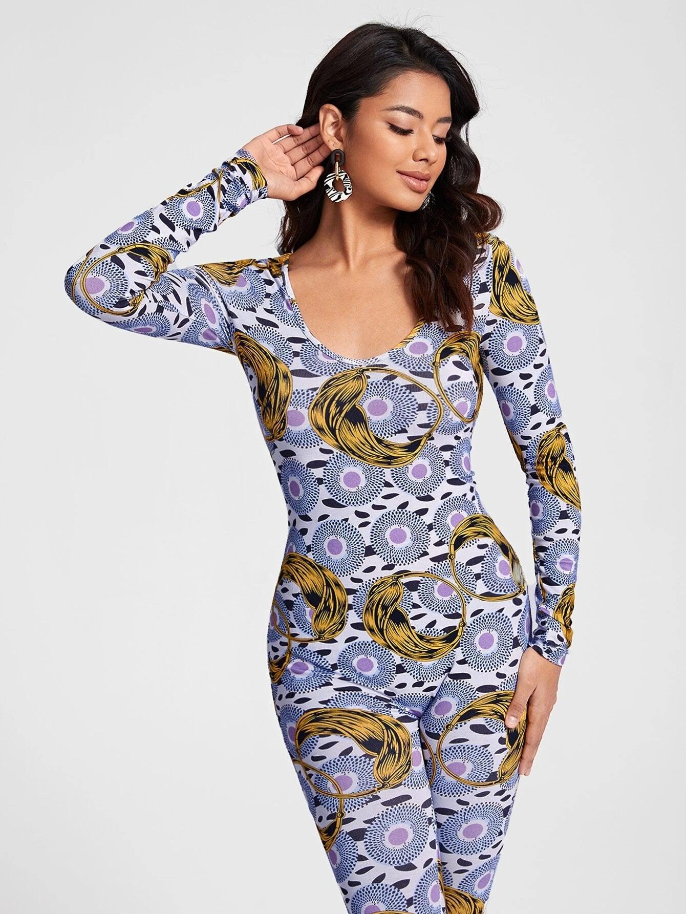 Graphic Print Unitard Jumpsuit-Comfy Jumpsuits