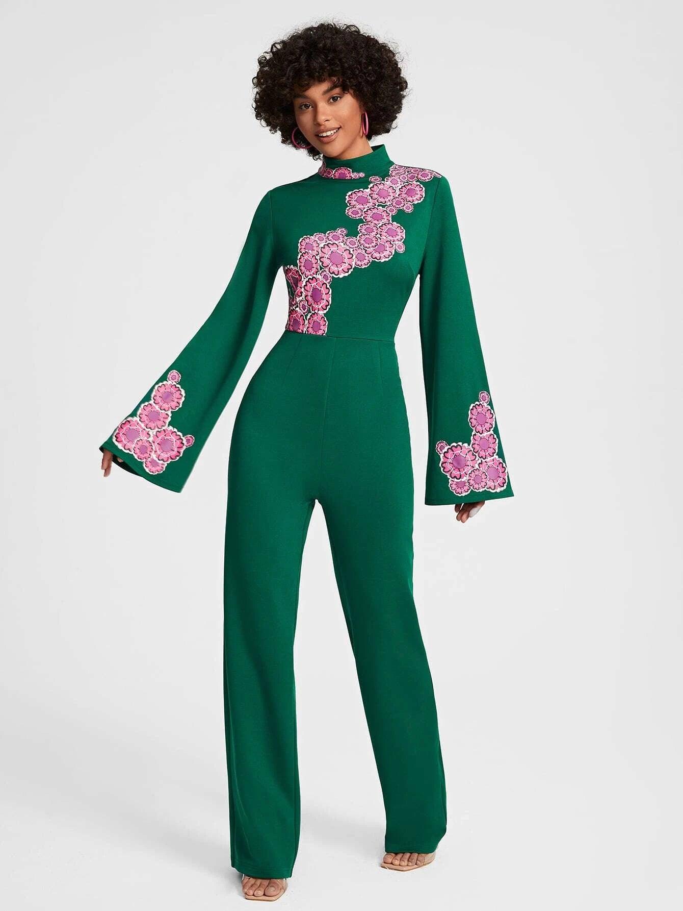 Floral Print Mock Neck Jumpsuit-Comfy Jumpsuits