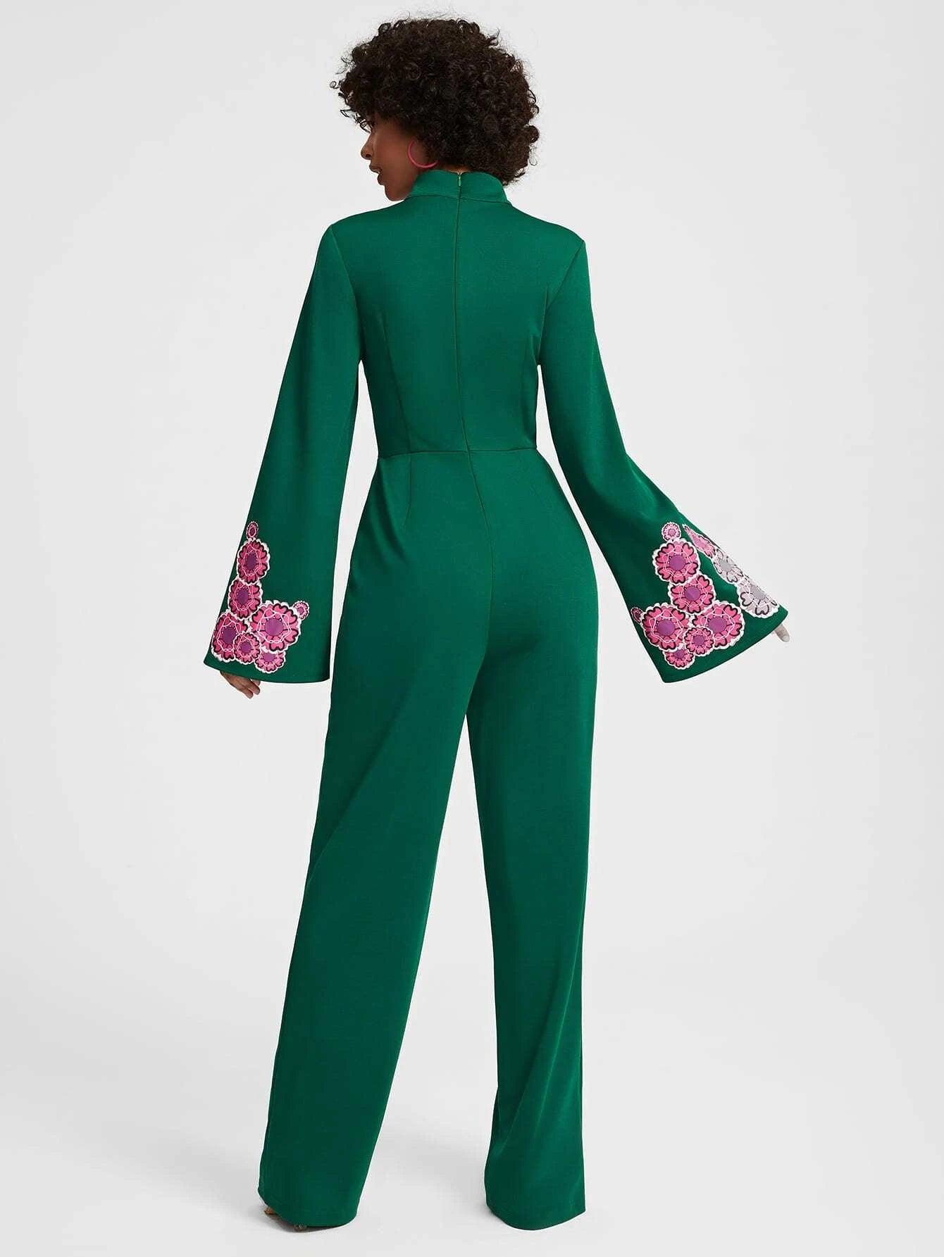 Floral Print Mock Neck Jumpsuit-Comfy Jumpsuits