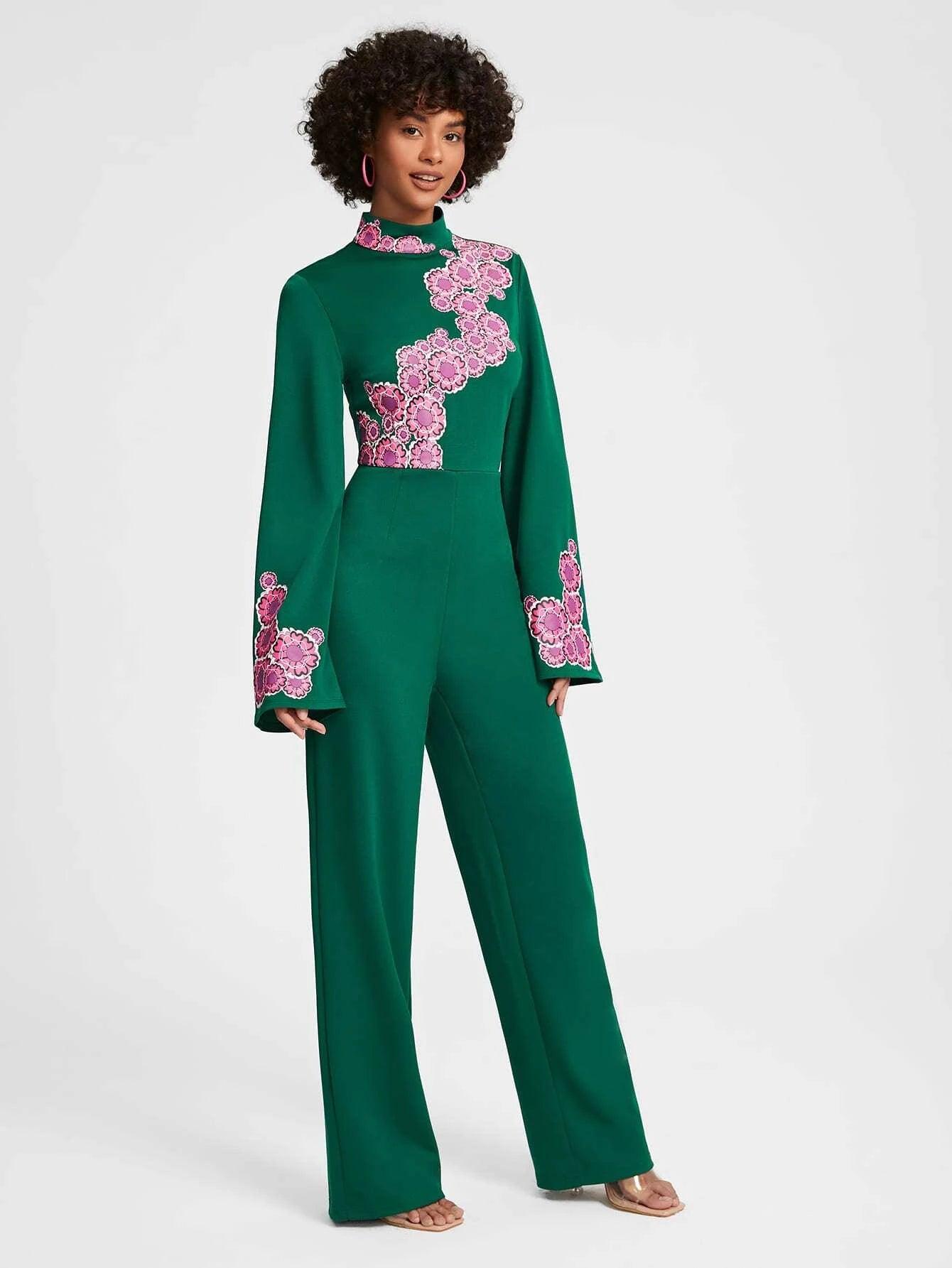 Floral Print Mock Neck Jumpsuit-Comfy Jumpsuits