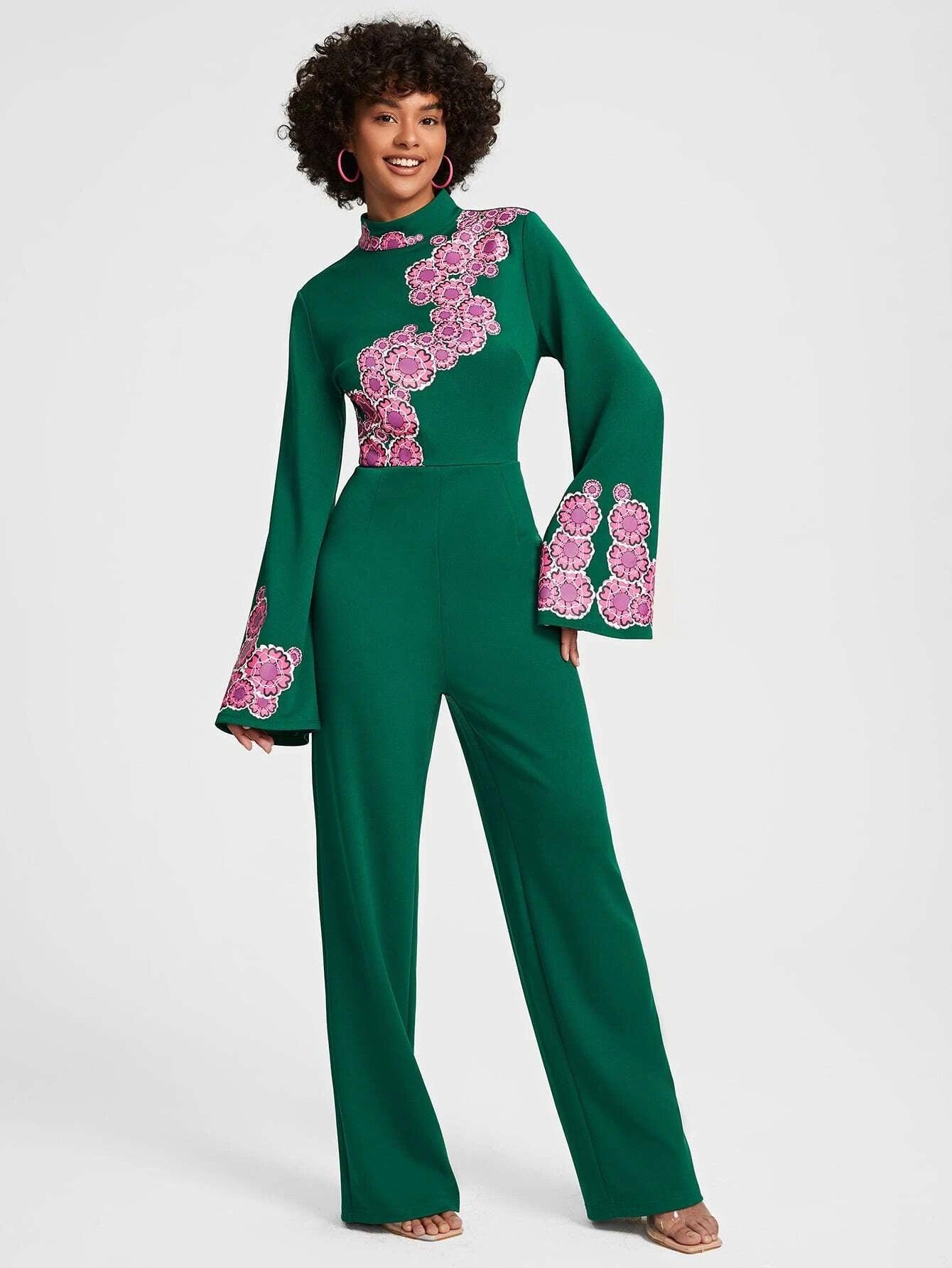 Floral Print Mock Neck Jumpsuit-Comfy Jumpsuits