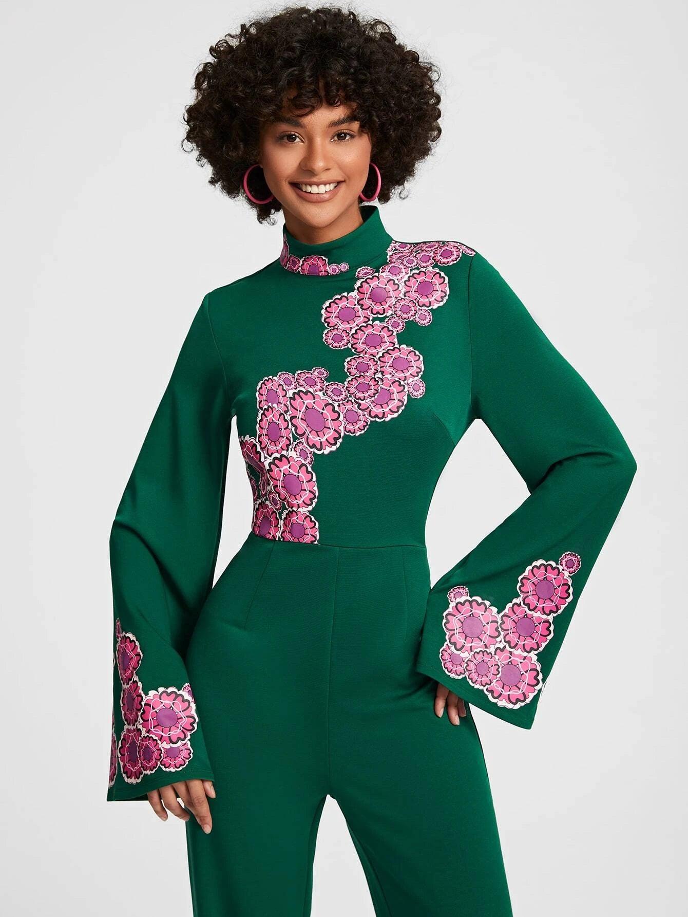 Floral Print Mock Neck Jumpsuit-Comfy Jumpsuits