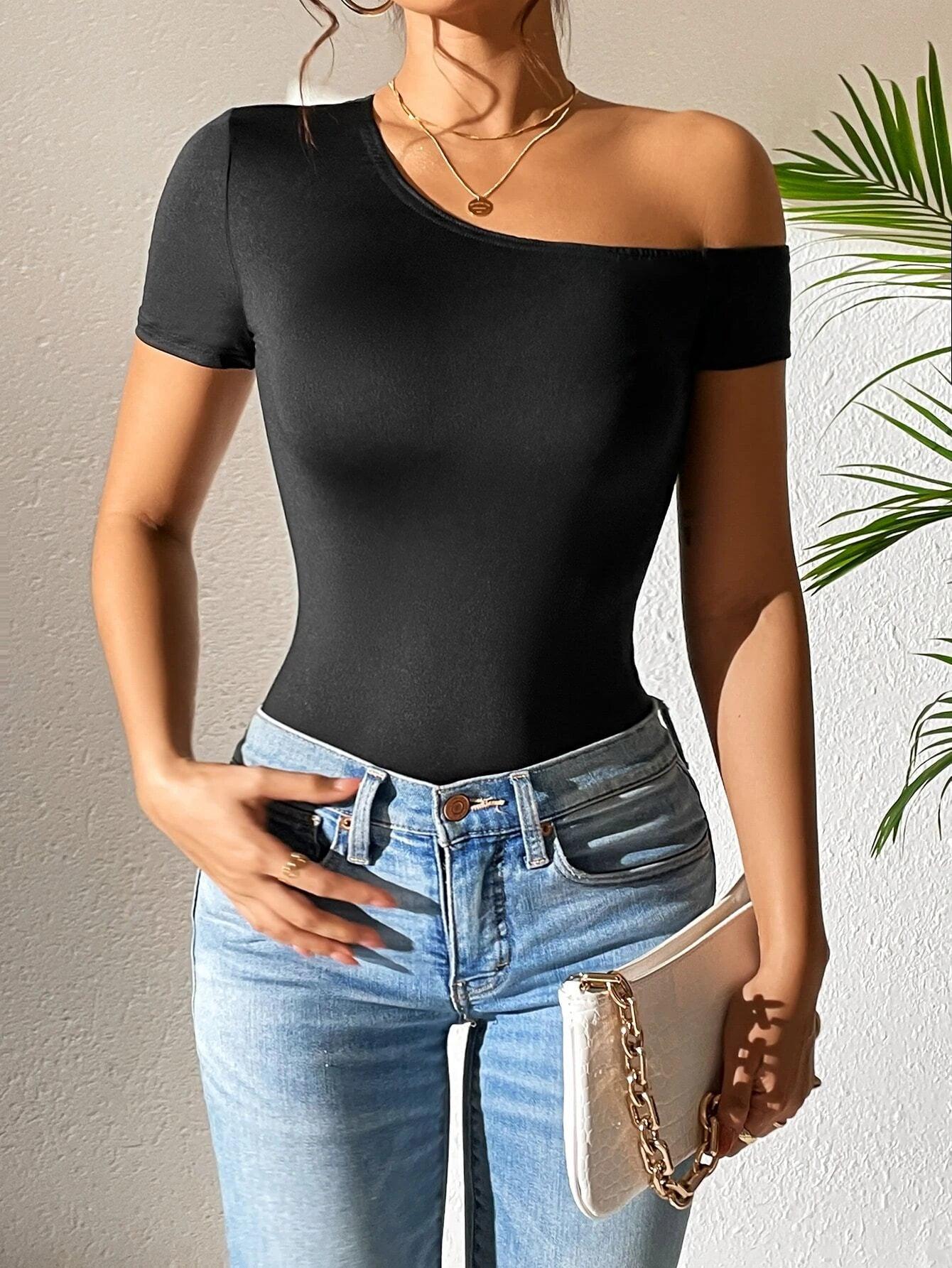 Casual One Shoulder Bodysuit-Comfy Jumpsuits