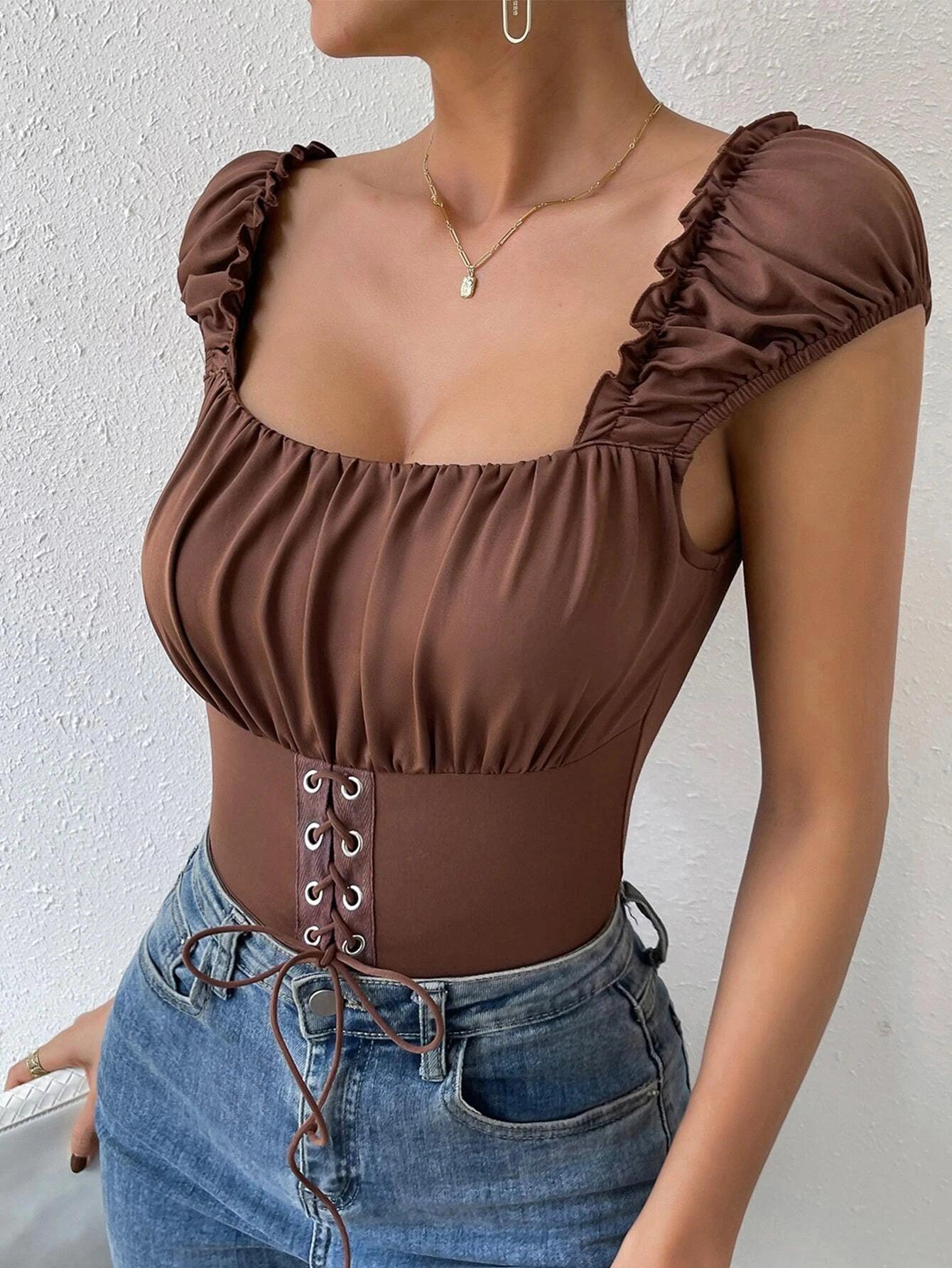 Ruched Lace Up Bodysuit-Comfy Jumpsuits