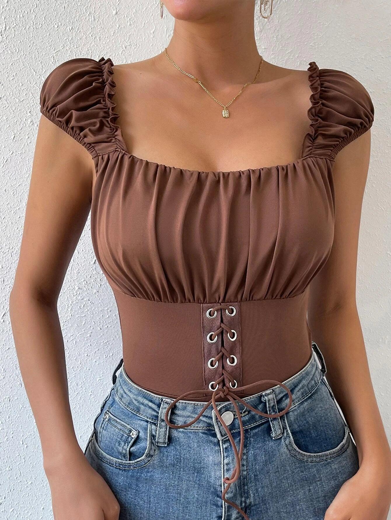 Ruched Lace Up Bodysuit-Comfy Jumpsuits