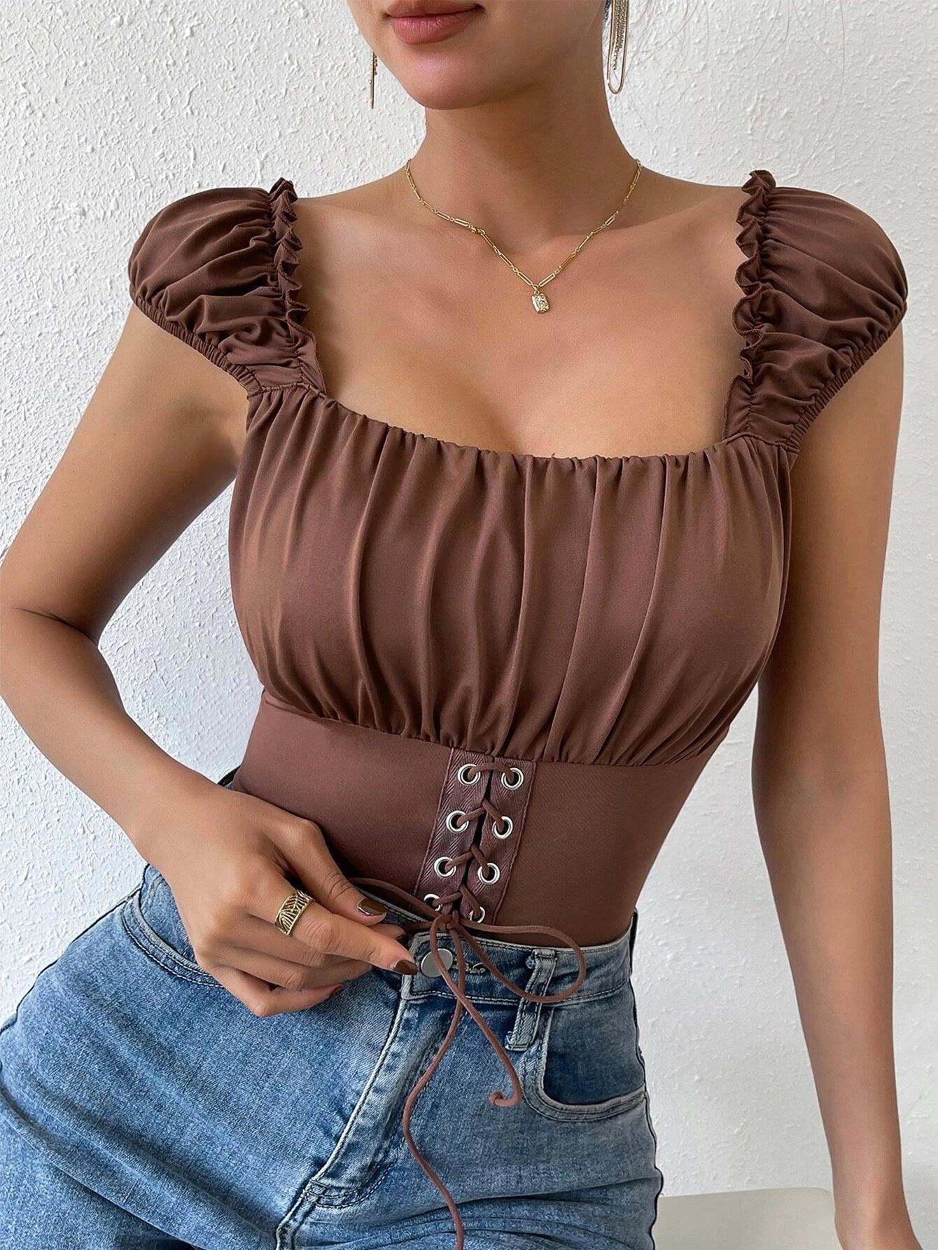 Ruched Lace Up Bodysuit-Comfy Jumpsuits