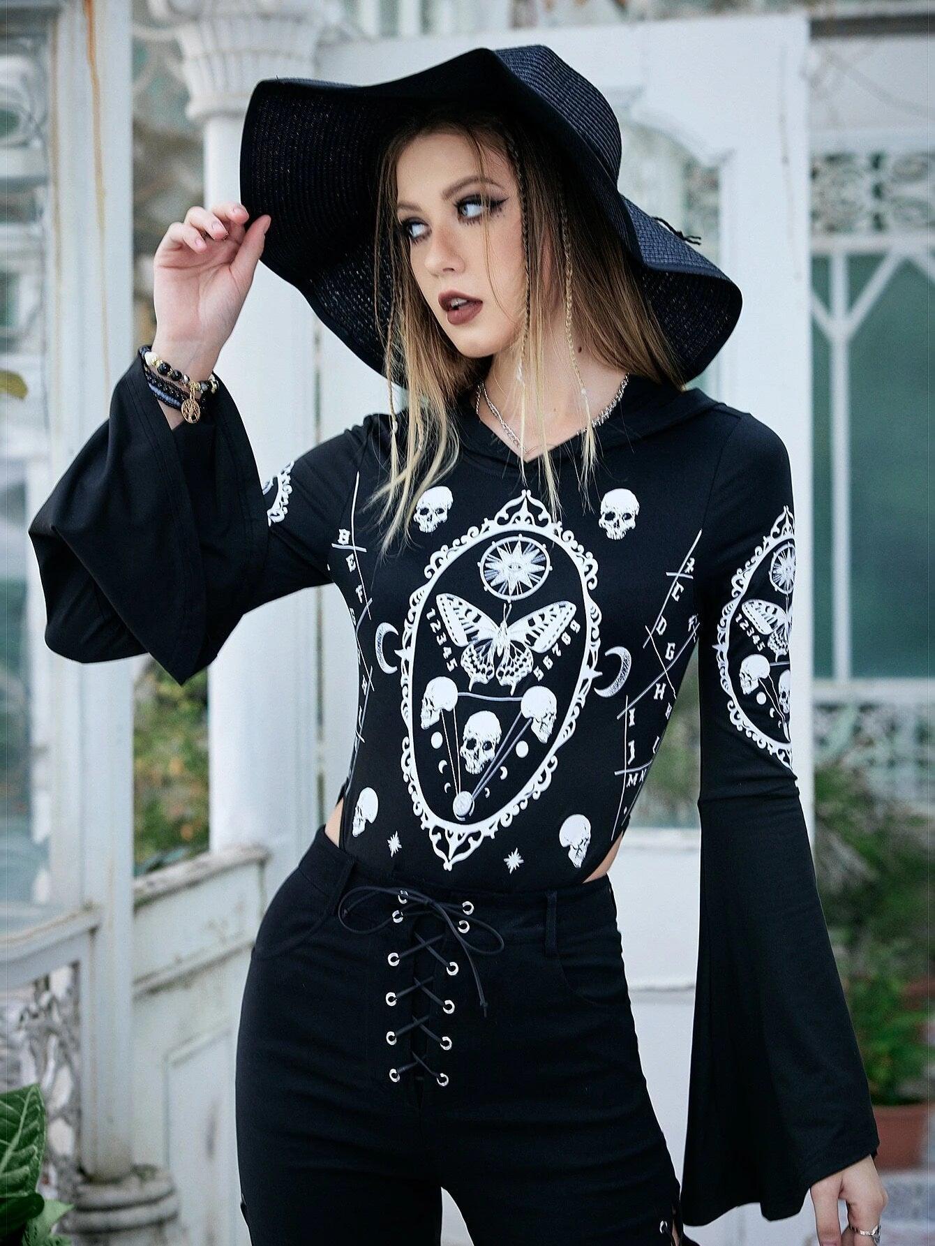 Halloween Print Hooded Bodysuit-Comfy Jumpsuits