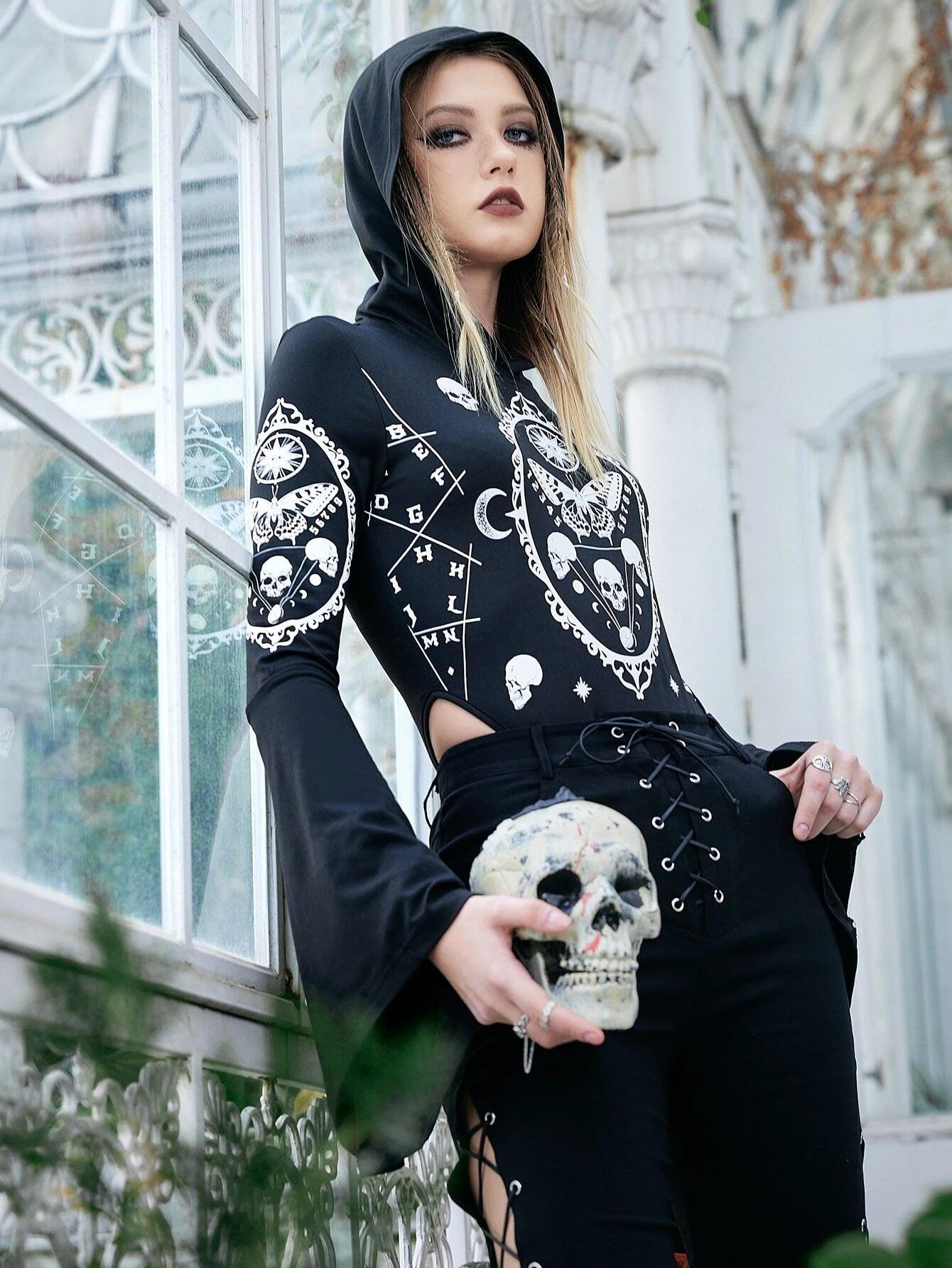 Halloween Print Hooded Bodysuit-Comfy Jumpsuits