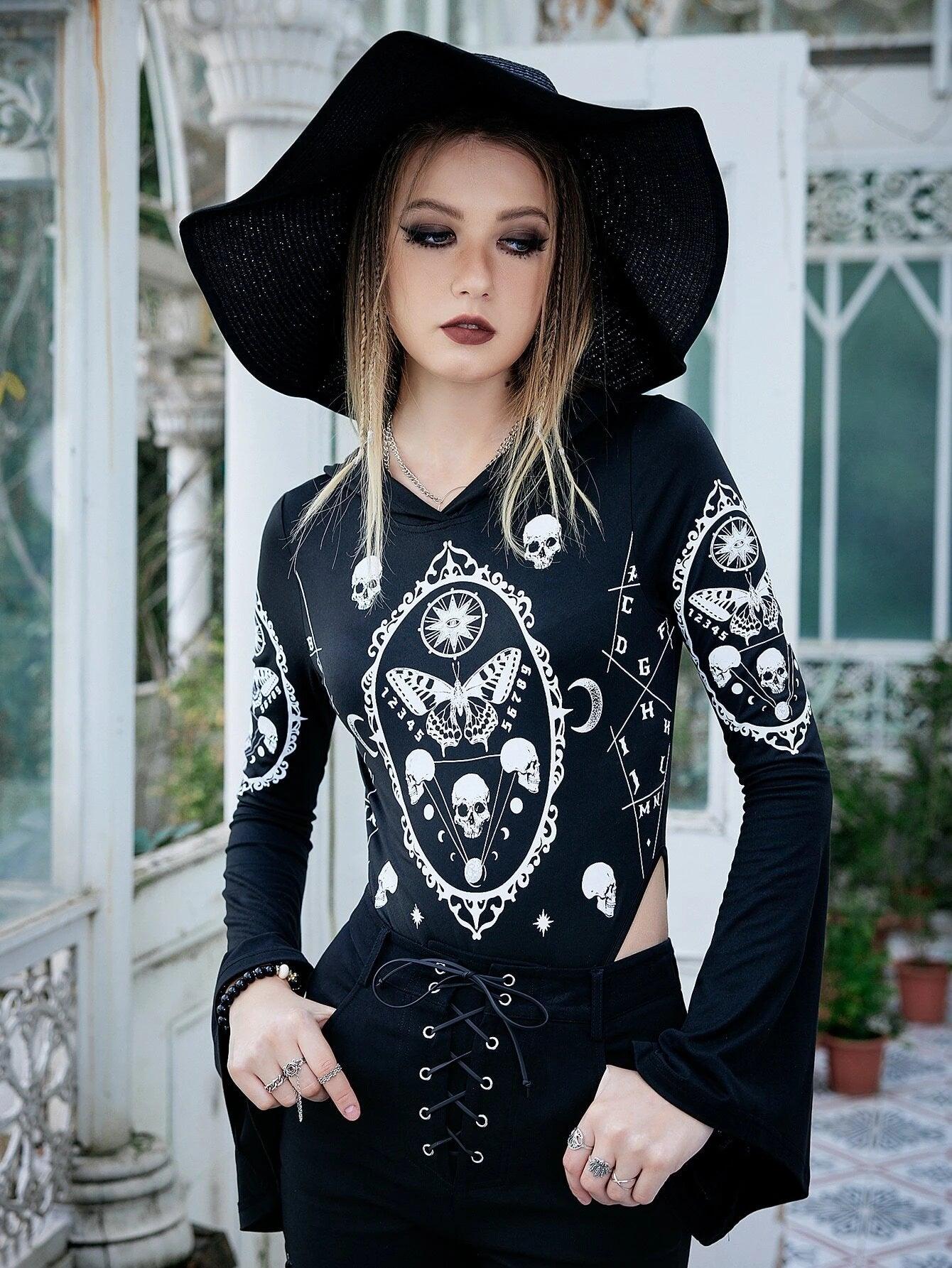 Halloween Print Hooded Bodysuit-Comfy Jumpsuits