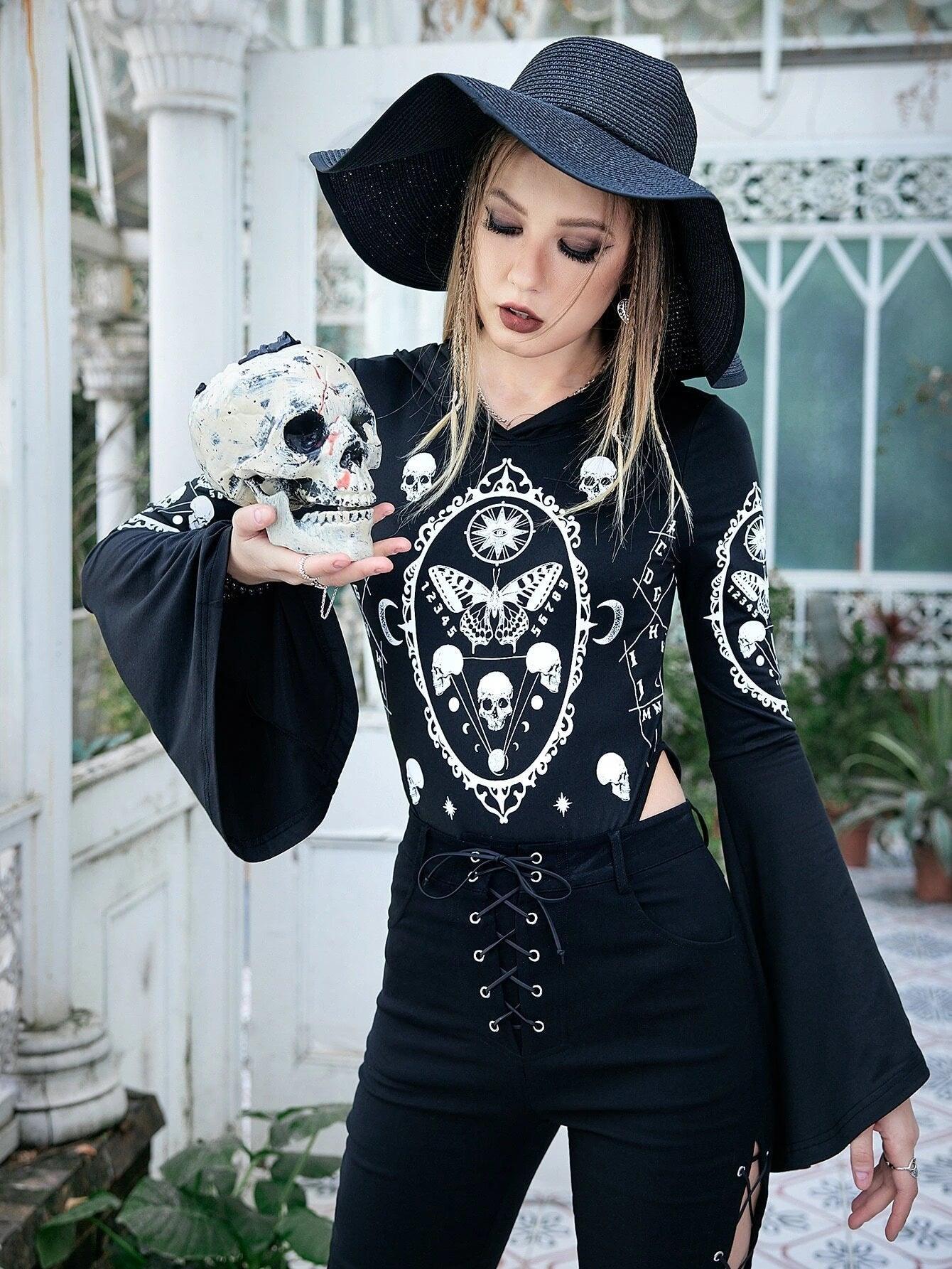 Halloween Print Hooded Bodysuit-Comfy Jumpsuits