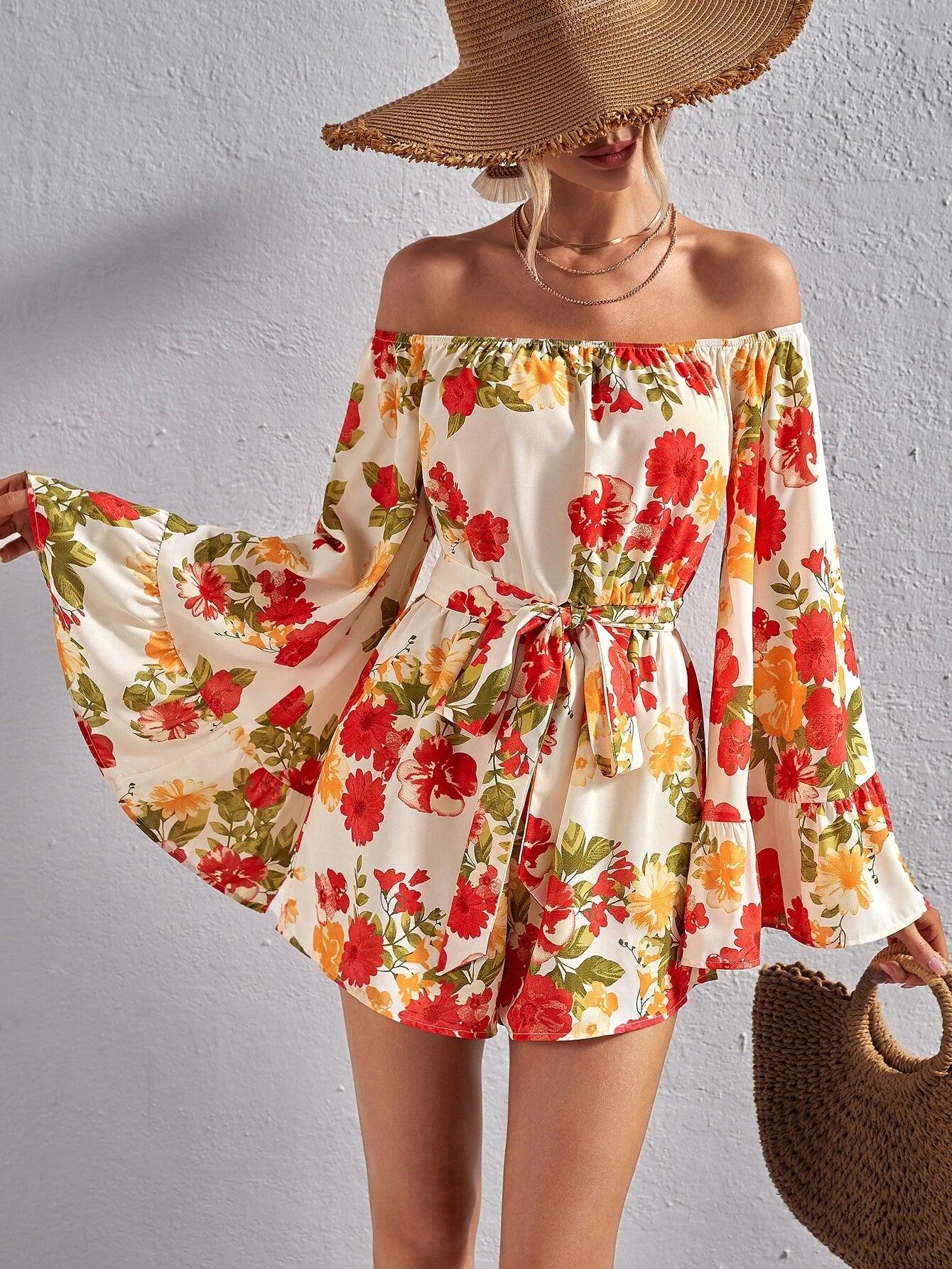 Floral Print Off Shoulder Belted Romper-Comfy Jumpsuits