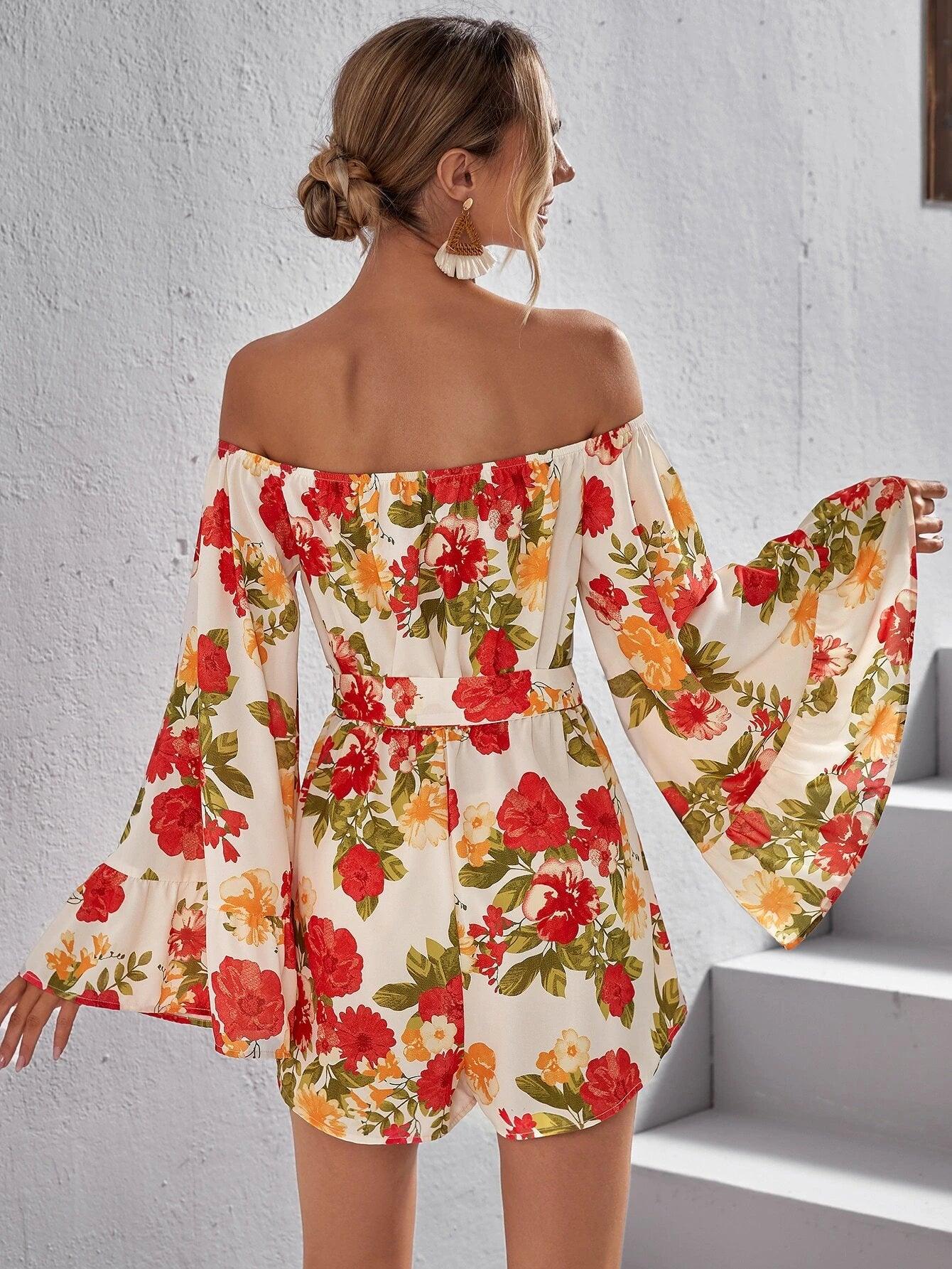 Floral Print Off Shoulder Belted Romper-Comfy Jumpsuits