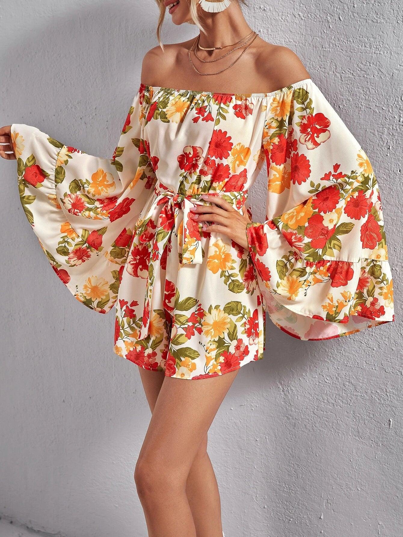 Floral Print Off Shoulder Belted Romper-Comfy Jumpsuits