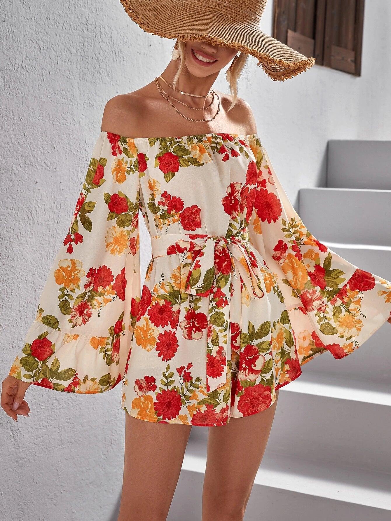 Floral Print Off Shoulder Belted Romper-Comfy Jumpsuits