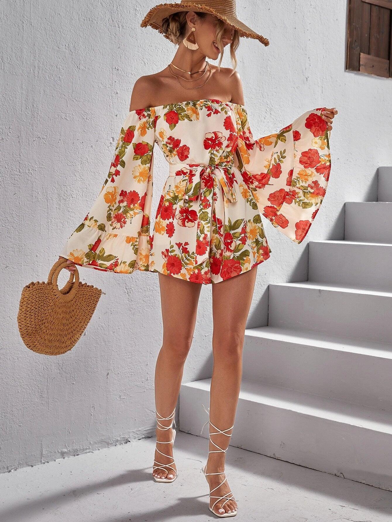 Floral Print Off Shoulder Belted Romper-Comfy Jumpsuits