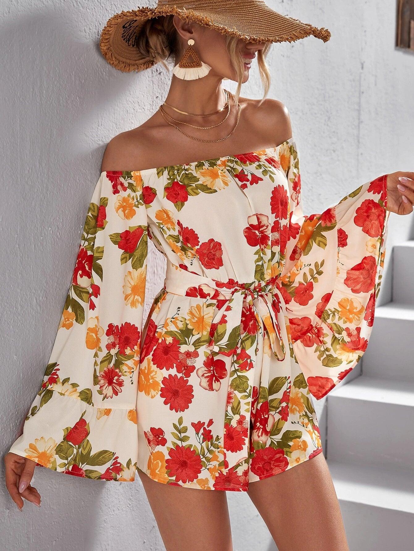 Floral Print Off Shoulder Belted Romper-Comfy Jumpsuits
