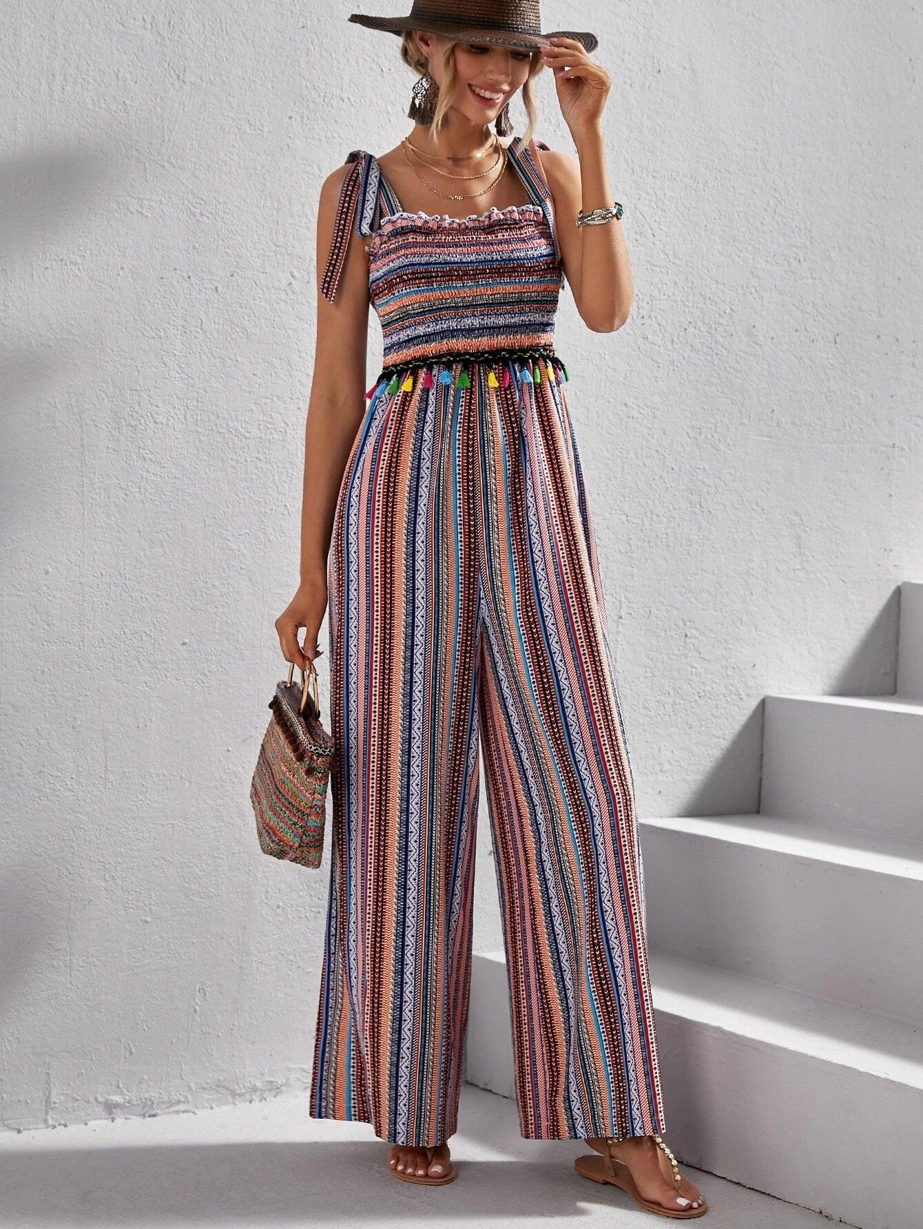 Striped & Geo Print Tie Shoulder Wide Leg Jumpsuit-Comfy Jumpsuits