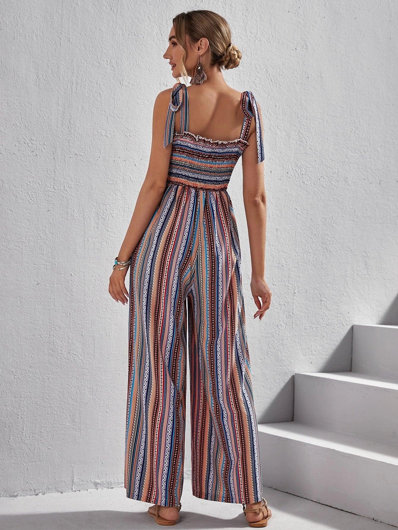 Striped & Geo Print Tie Shoulder Wide Leg Jumpsuit-Comfy Jumpsuits