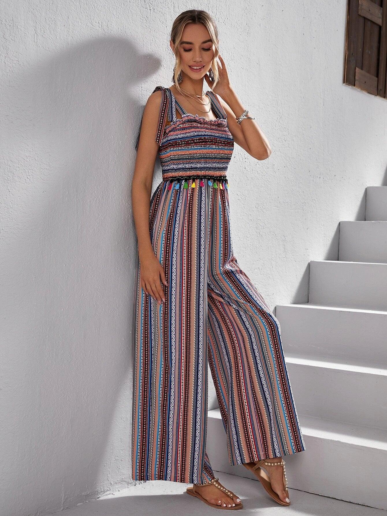 Striped & Geo Print Tie Shoulder Wide Leg Jumpsuit-Comfy Jumpsuits