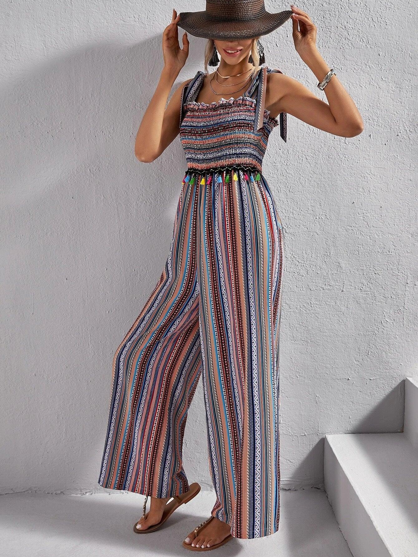 Striped & Geo Print Tie Shoulder Wide Leg Jumpsuit-Comfy Jumpsuits