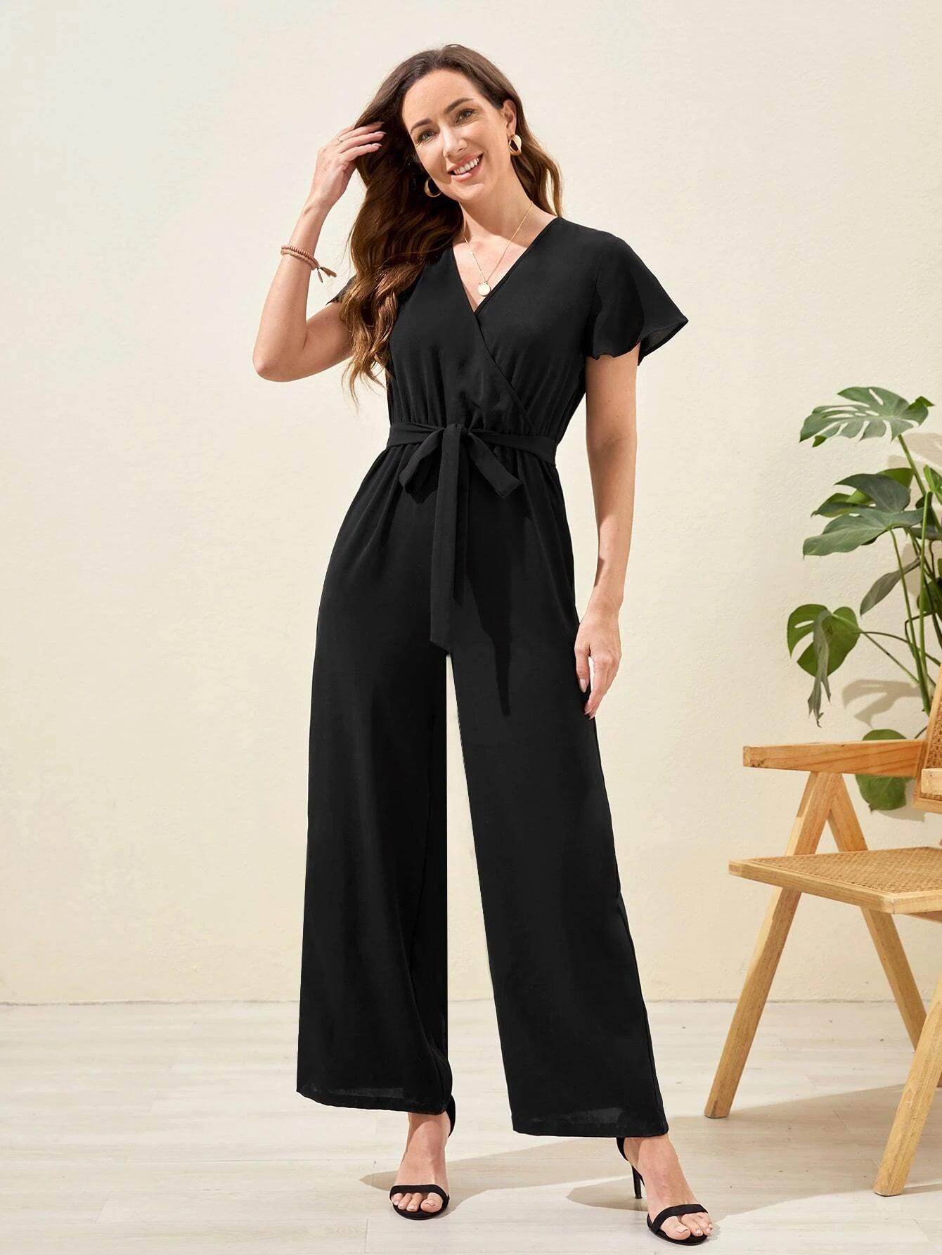 Butterfly Sleeve Belt Wide Leg Jumpsuit-Comfy Jumpsuits