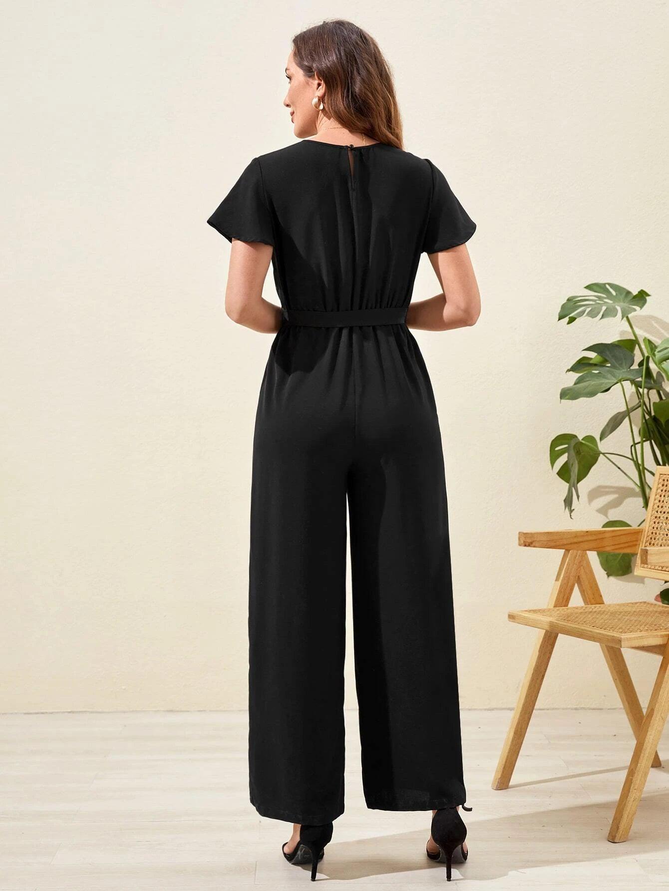 Butterfly Sleeve Belt Wide Leg Jumpsuit-Comfy Jumpsuits