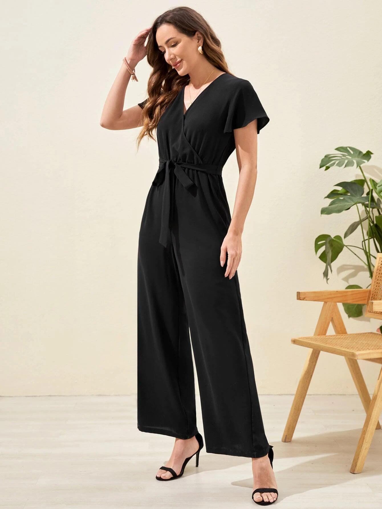 Butterfly Sleeve Belt Wide Leg Jumpsuit-Comfy Jumpsuits