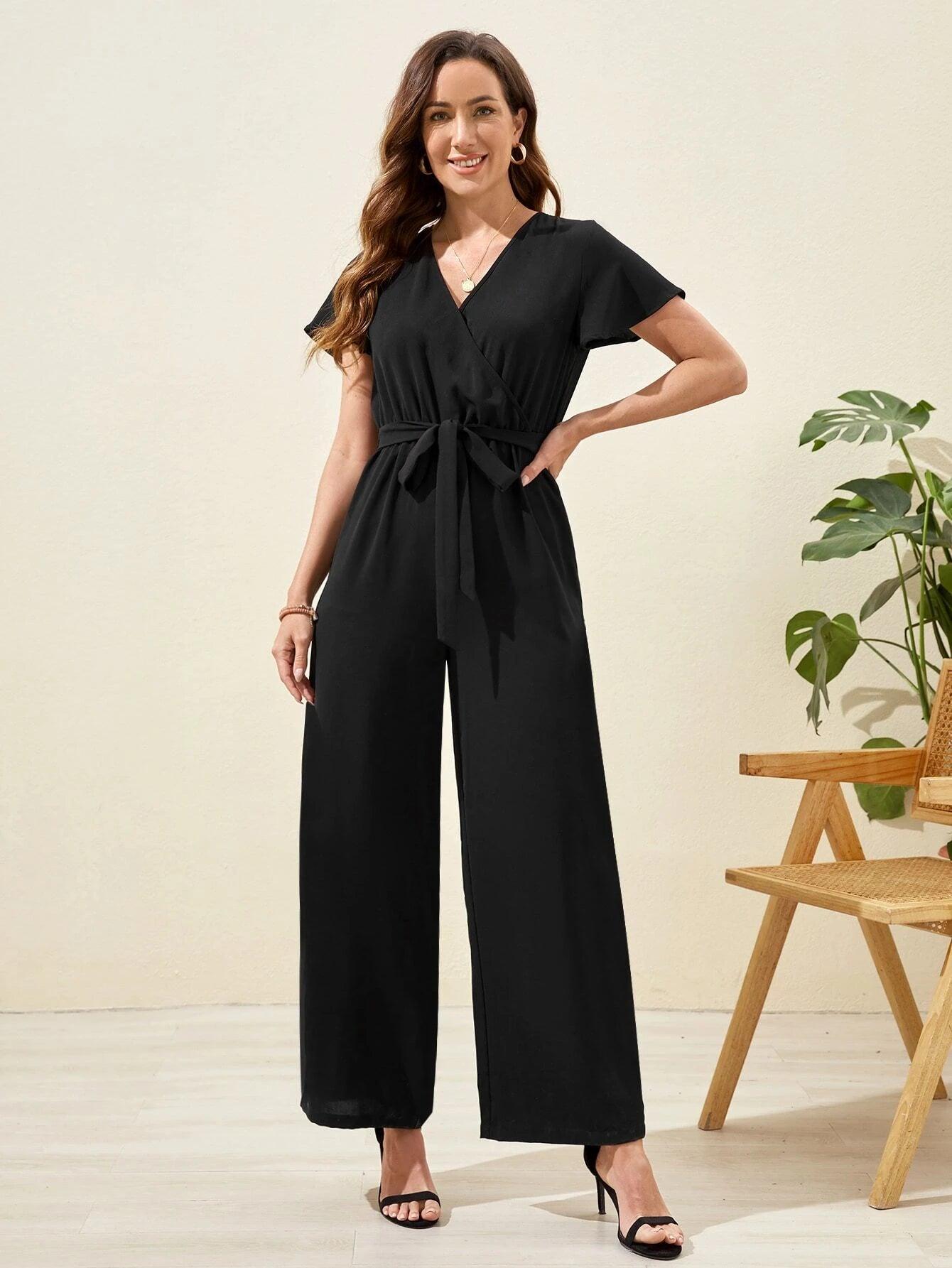 Butterfly Sleeve Belt Wide Leg Jumpsuit-Comfy Jumpsuits