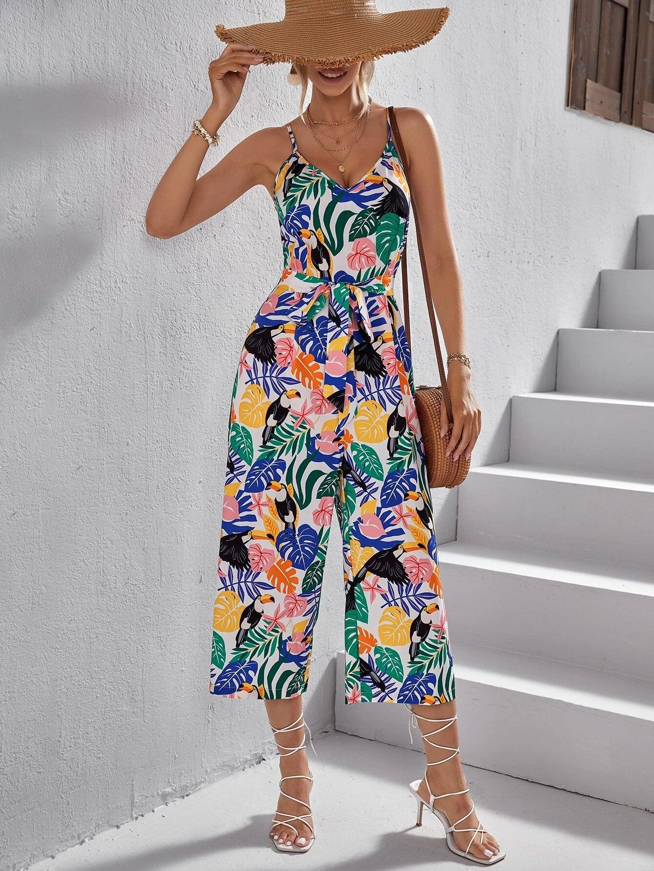 Tropical Print Belted Cami Jumpsuit-Comfy Jumpsuits