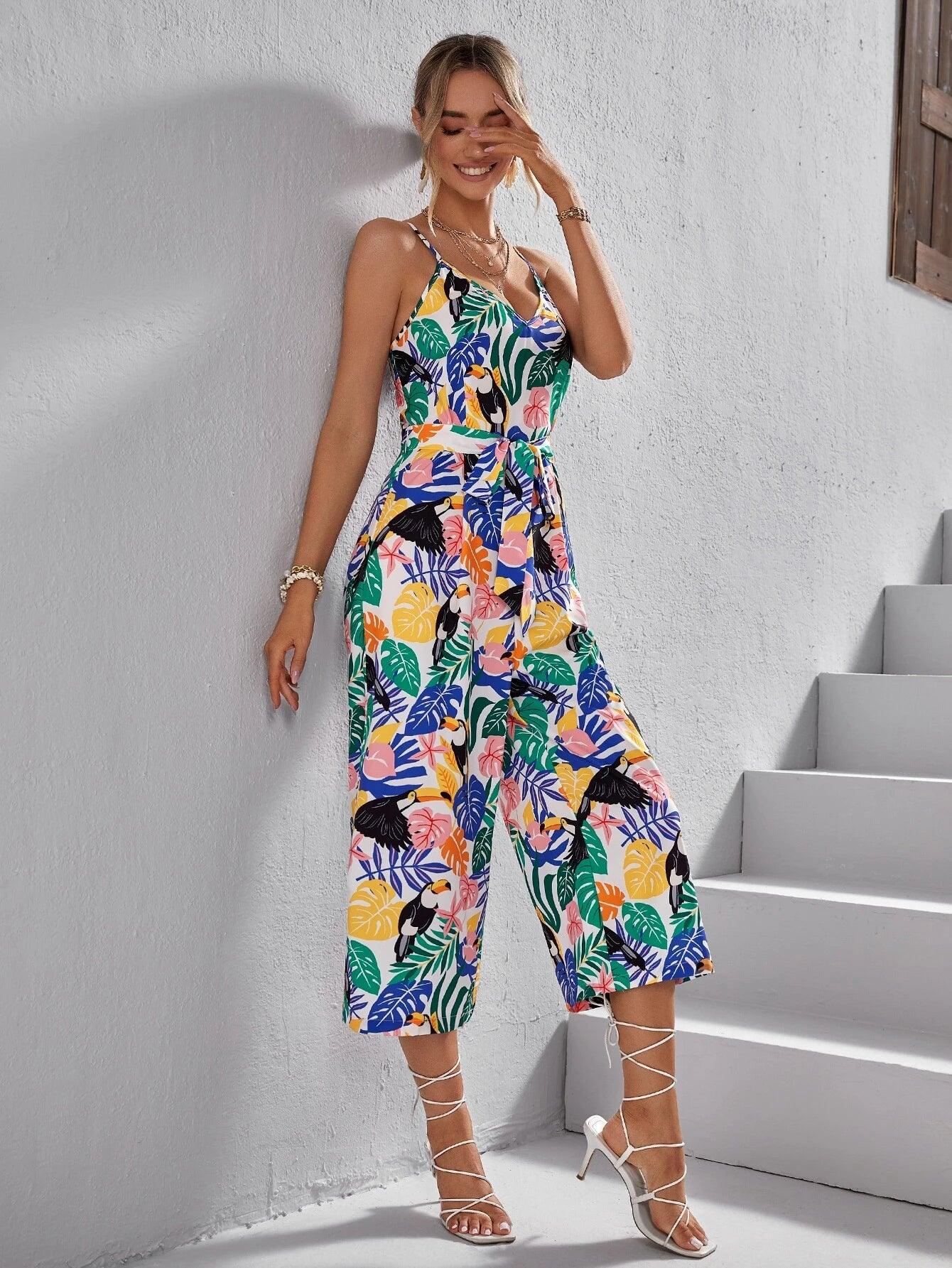 Tropical Print Belted Cami Jumpsuit-Comfy Jumpsuits