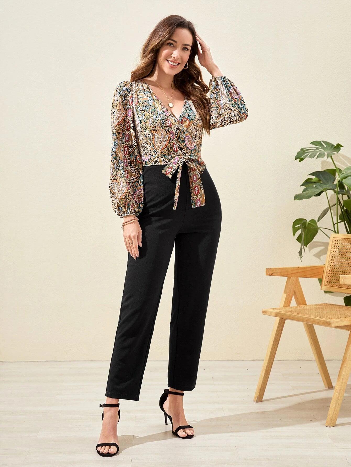 Floral Print Bishop Sleeve Belted Jumpsuit-Comfy Jumpsuits