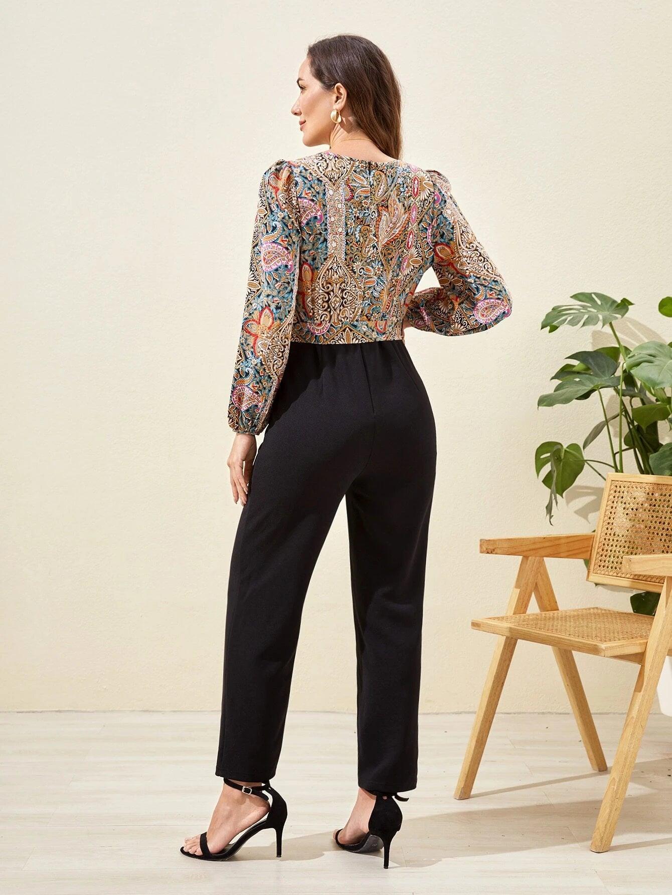 Floral Print Bishop Sleeve Belted Jumpsuit-Comfy Jumpsuits