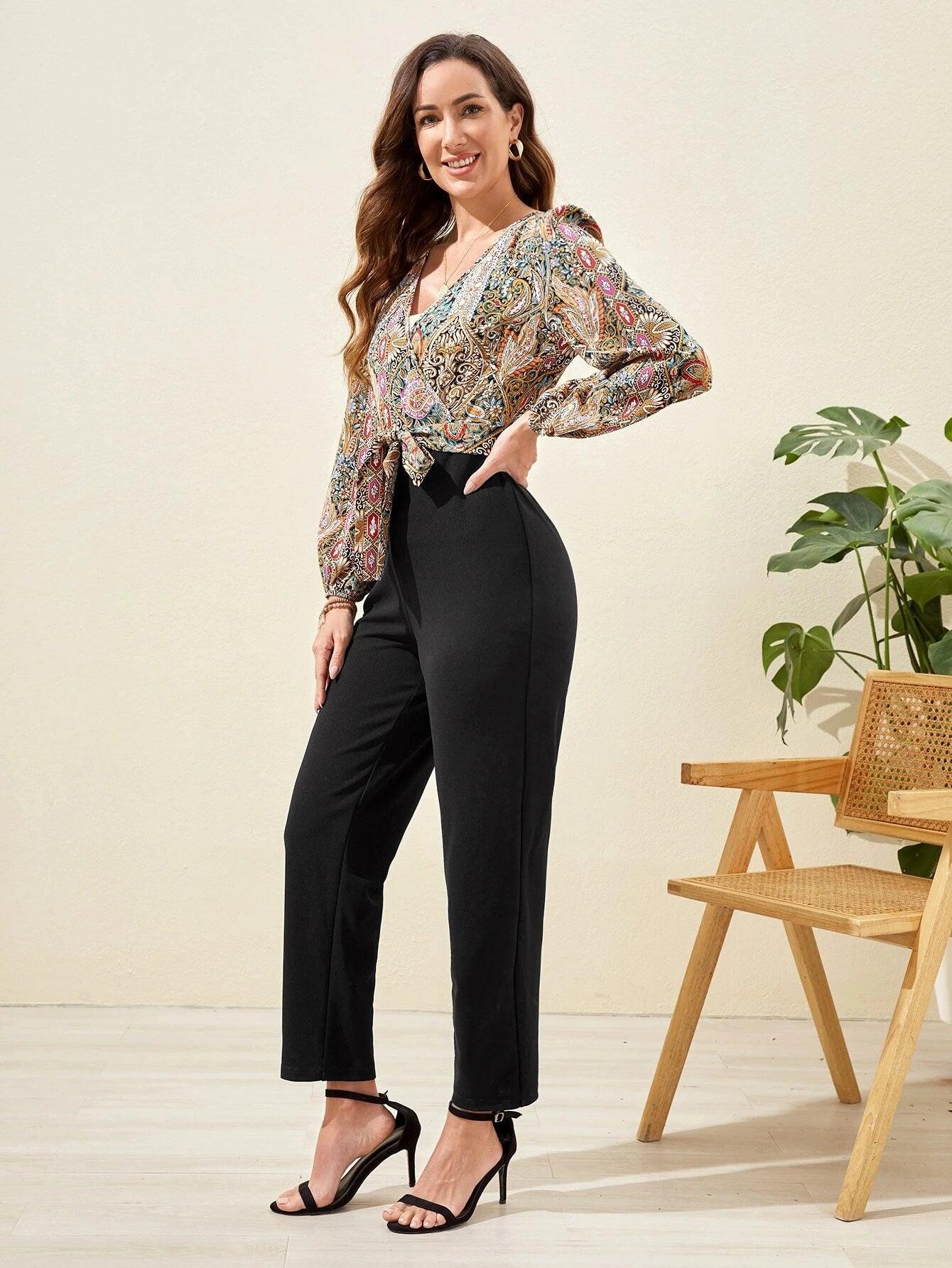 Floral Print Bishop Sleeve Belted Jumpsuit-Comfy Jumpsuits