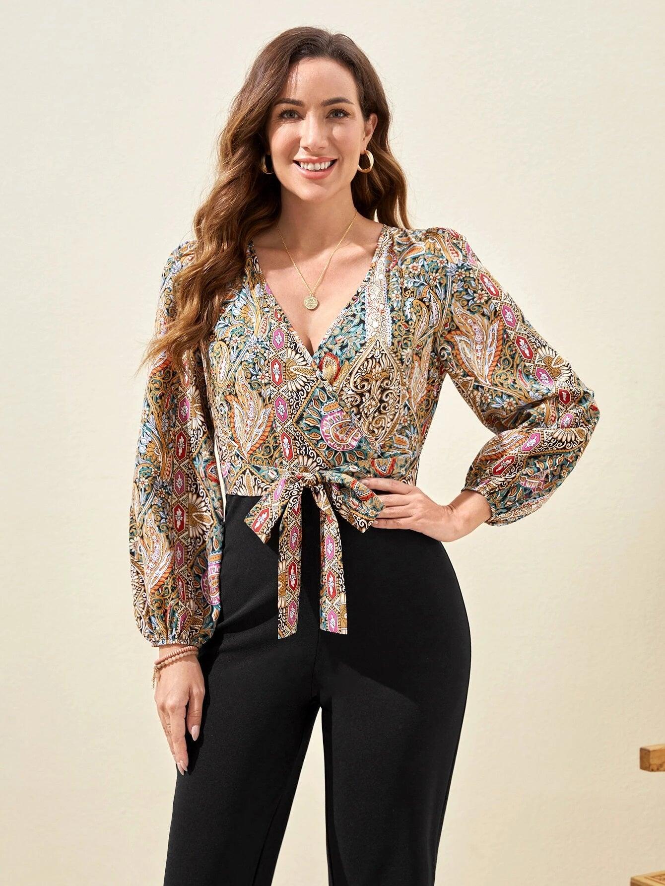 Floral Print Bishop Sleeve Belted Jumpsuit-Comfy Jumpsuits